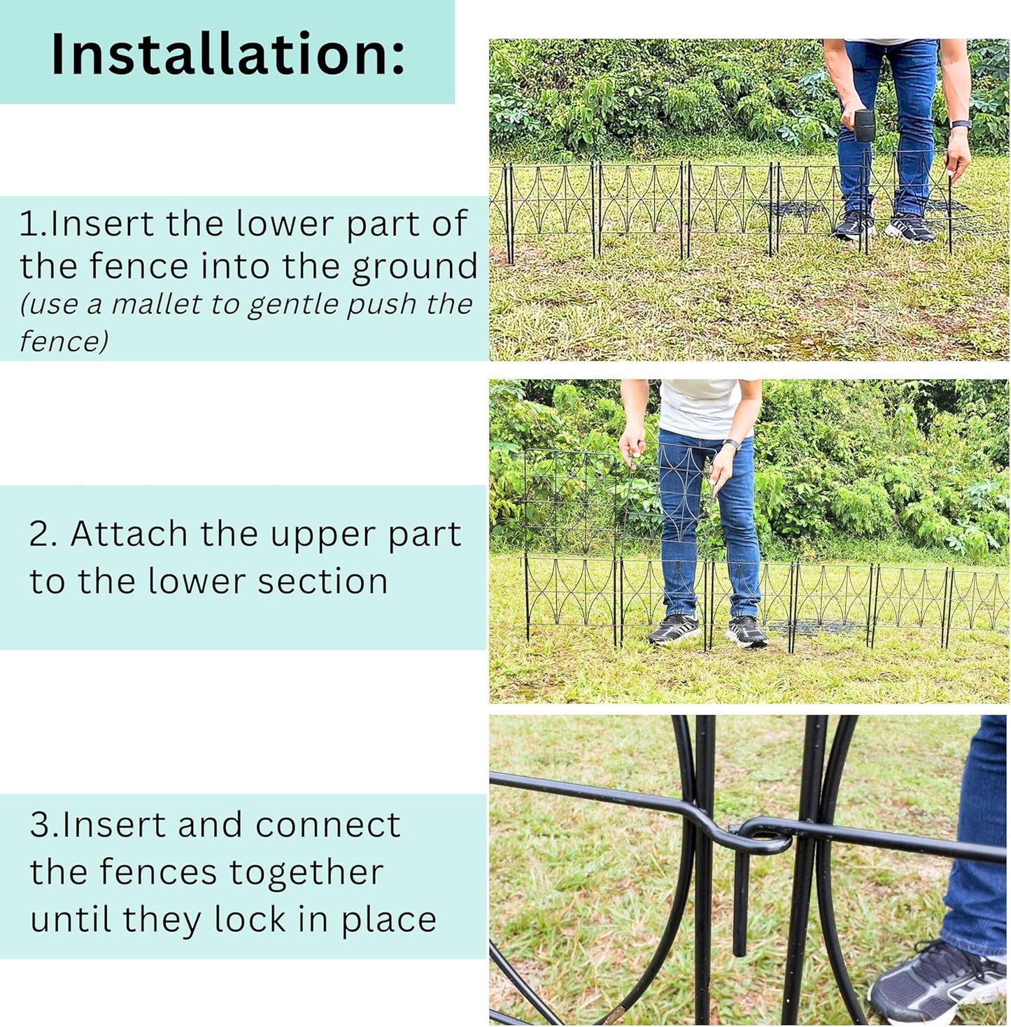 ShopLaLa Decorative Garden Fence (10 Panels) 12.5in(L) x 31in(H) Animal Barrier Fencing Rustproof Black Metal Wire Flower Edging for Landscape, Dog Gates Fences Tall Large No Dig Outdoor Border D-F30D