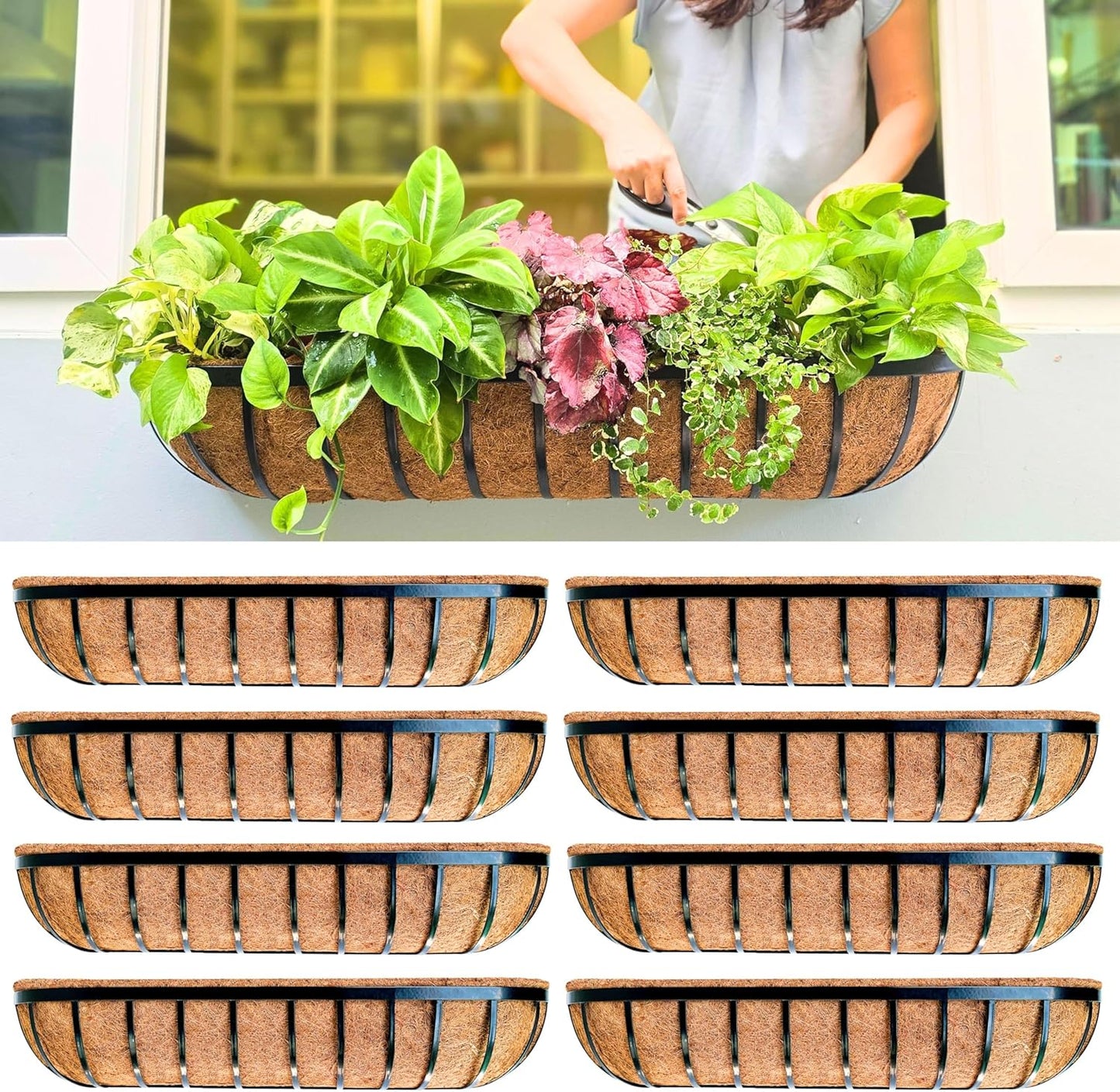 LaLaGreen Deck Railing Planter Boxes - 8 Pack, 36 Inch Long Window Flower Box Attach to House, Wall Planters for Outdoor Plants with Coco Liners English Horse Trough Fence Balcony Garden Porch Rail