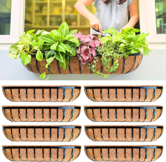 LaLaGreen Deck Railing Planter Boxes - 8 Pack, 36 Inch Long Window Flower Box Attach to House, Wall Planters for Outdoor Plants with Coco Liners English Horse Trough Fence Balcony Garden Porch Rail