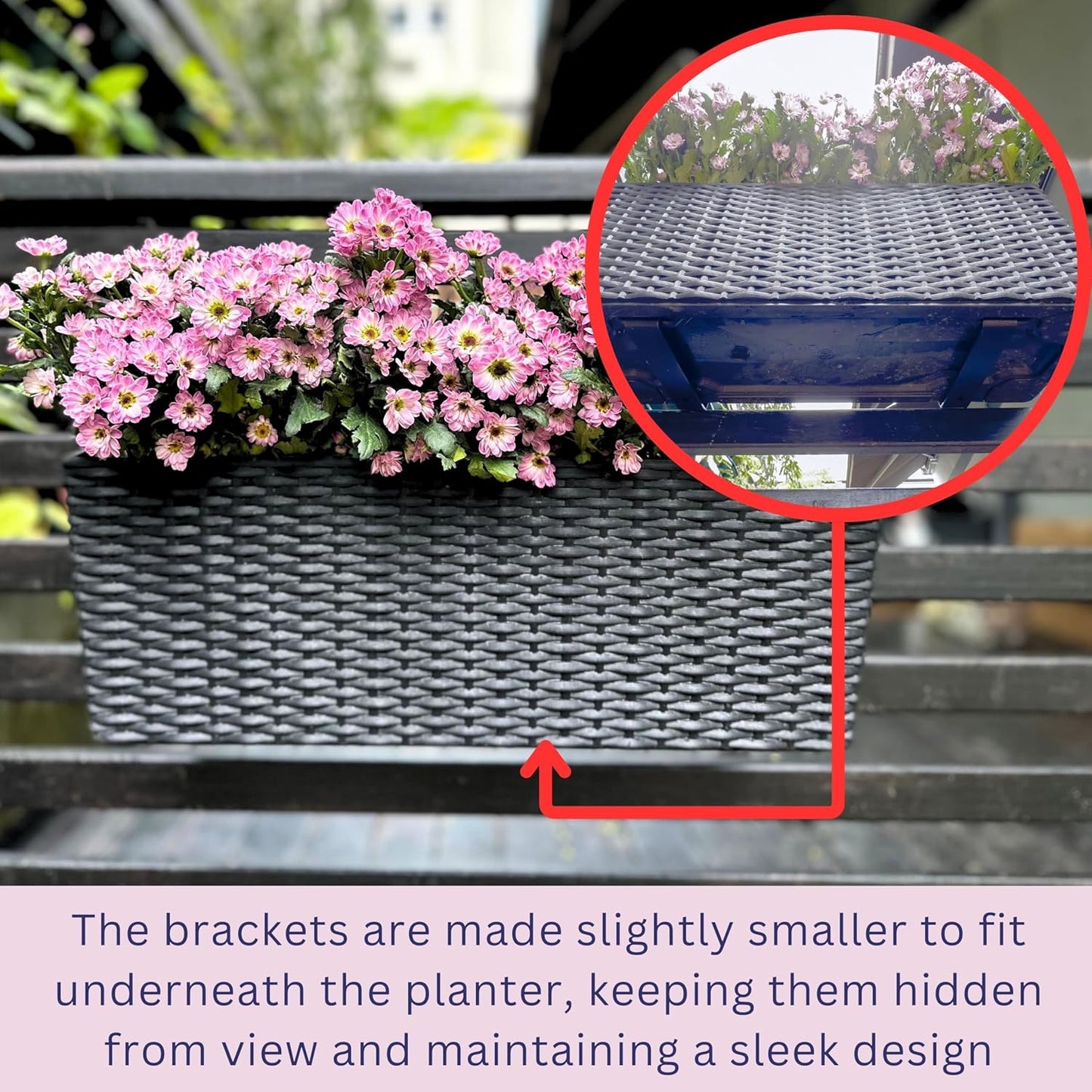 LaLaGreen Deck Railing Planter Box (4 Pack, 20 Inch) Black Rectangular Window Flower Boxes with Bracket, Self Watering System Hanging Planter Box for Outdoor Plant Container Herb Rail Fence Balcony