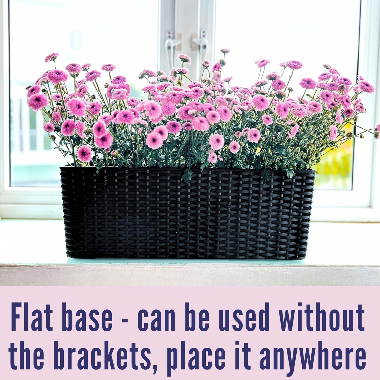 LaLaGreen Railing Planters for Balcony Garden (2 Pack, 20 Inch) Self Watering Black Balcony Flower Boxes Over The Rail with Brackets, Rectangular Hanging Deck Planters Outdoor with Rattan Pattern