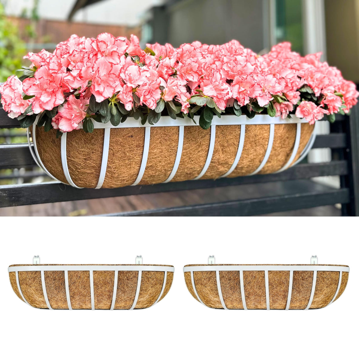 LaLaGreen Deck Railing Planters (2 Pack, 16 Inch) White Metal Rectangular Window Flower Box with Coco Liner, Wall Hanging Planter for Outdoor Plants Deck Rail Fence Balcony Patio Porch Garden Decor