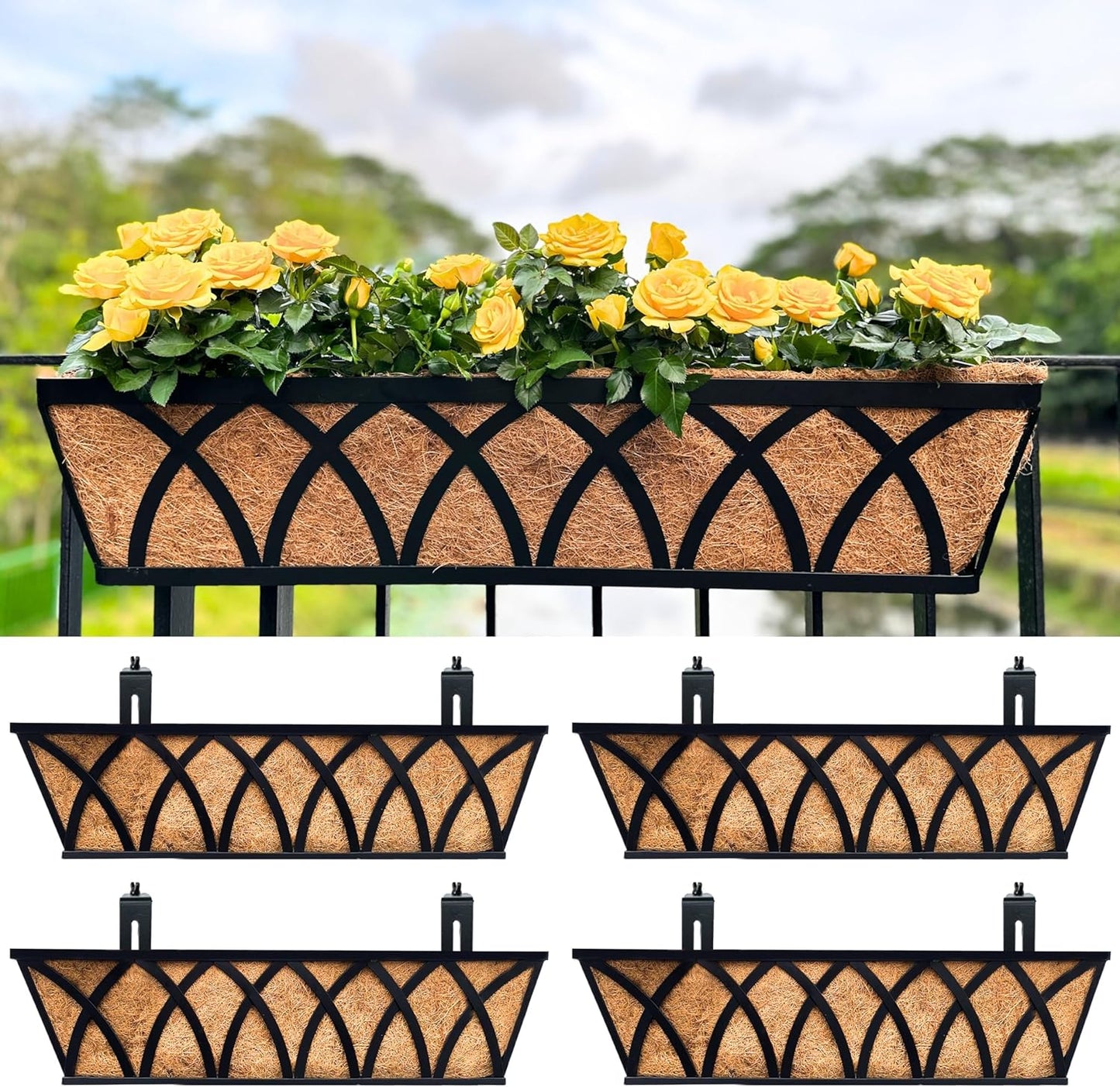 LaLaGreen Deck Railing Planter Boxes (30 Inch, 2 Pack) Wall Hanging Planters for Outdoor Plants, Black Metal Rectangular Window Flower Box with Coco Liner, Horse Trough Rail Fence Porch Patio Decor
