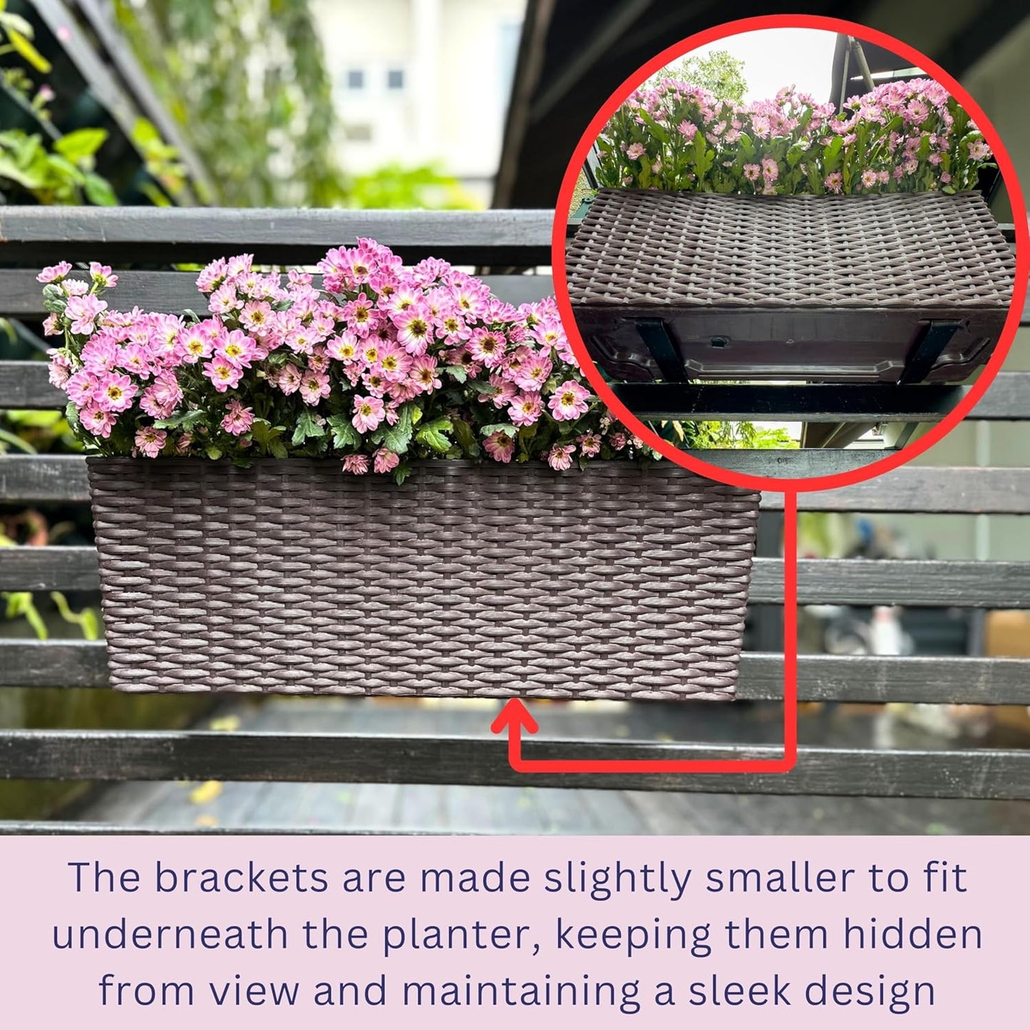 LaLaGreen Outdoor Rail Planter for Balcony (2 Pack, 20 Inch) Large Black Self Watering Railing Planters with Brackets, Rectangular Plastic Window Flower Box Fence Designer Choice with Rattan Pattern