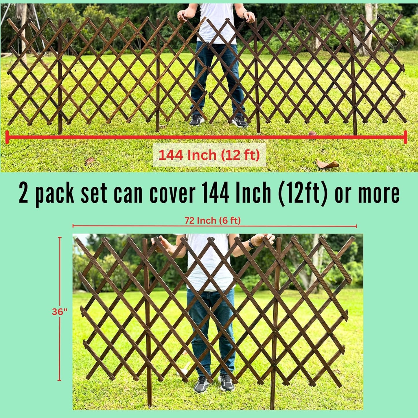 ShopLaLa Garden Fence (2 Pack, Total 12ft (L)) Wooden Lattice Panels for Outside Flower Edging Landscape Patio Outdoor Decor, Expandable Wood Plant Trellis Fences and Gates, Animal Barrier for Dogs
