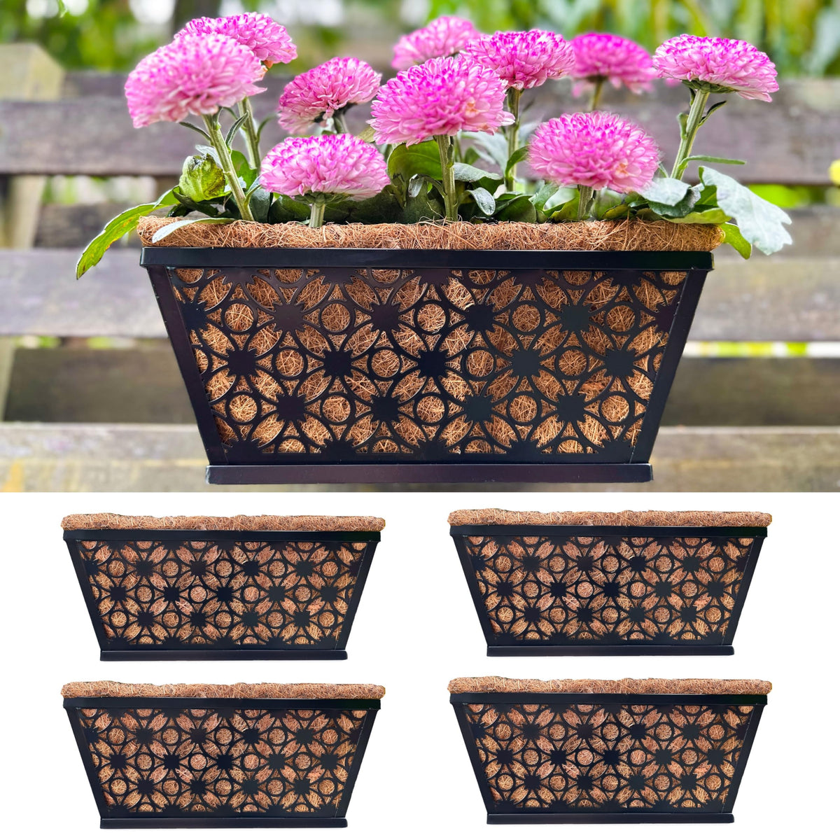 LaLaGreen Flower Wall Planter (12 in, 2 Pack) Black Metal Window Boxes