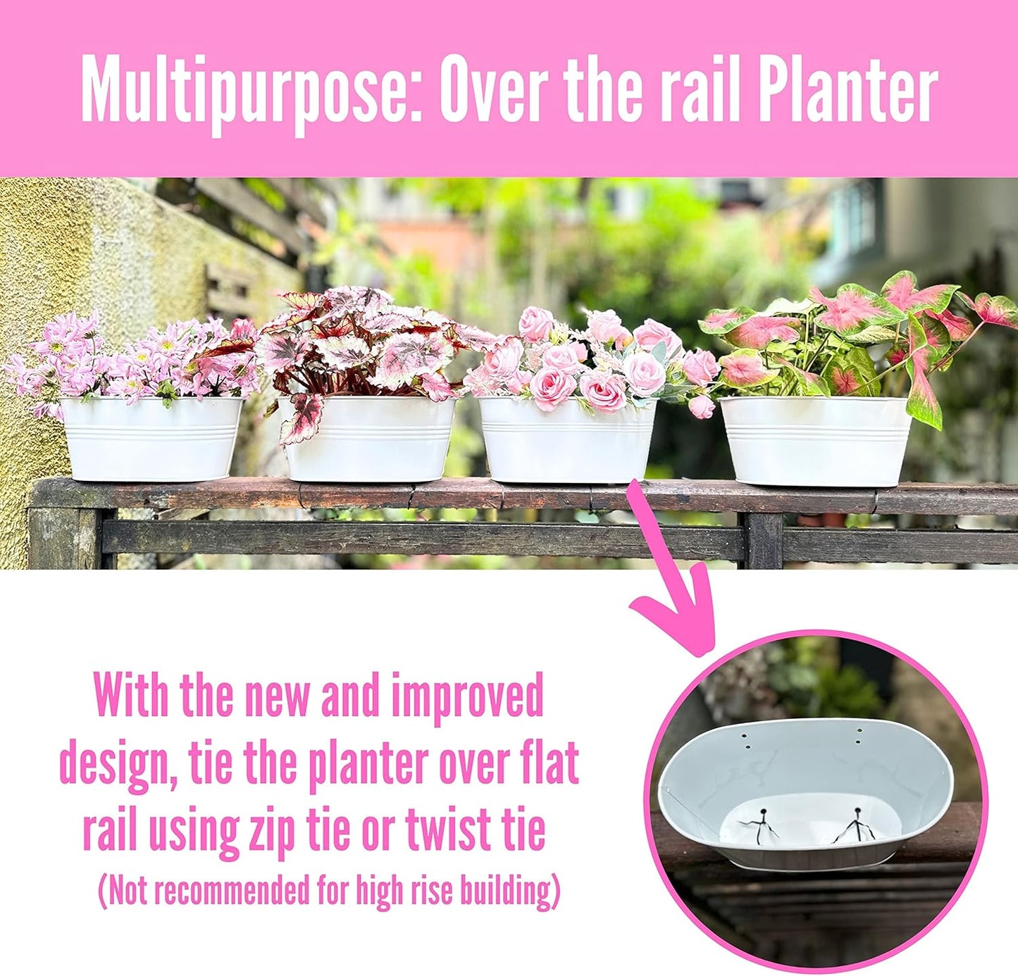 LaLaGreen Outdoor Plants Rail Planter (11.2 Inch, 3 Pack) White Metal Iron Hanging Flower Pots Deck Railings Fence Balcony Modern Boho Style Wall Mount Window Box Plant Holder Hooks Porch Home Decor