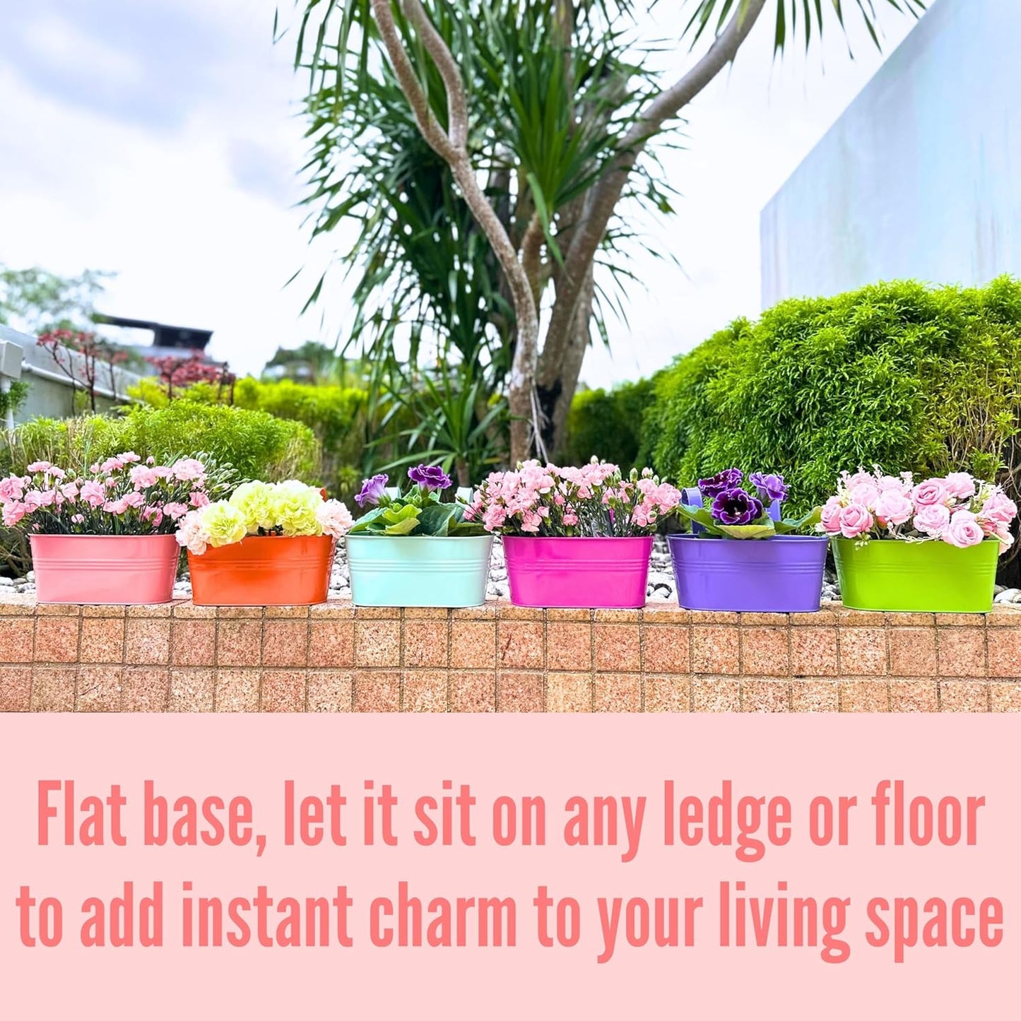 LaLaGreen Outdoor Hanging Planter (11.2 Inch, 6 Pack) Light Blue, Green, Neon Pink, Dark Blue, Orange, Peachy Pink Metal Iron Window Box Flower Pot Deck Railings Fence Rails Buckets Porch Garden Decor