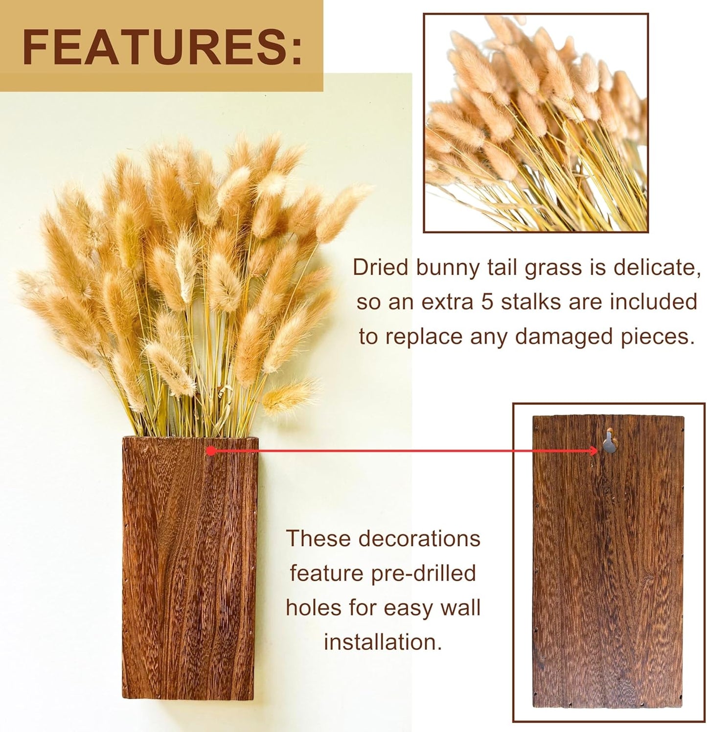 LaLaGreen Wood Wall Planters (2 Pack, 8 Inch), Include Bunny Tails Dried Flowers, Hanging Planter Wooden Box Vase for Indoor Modern Rustic Farmhouse Decor Home Living Room Bathroom Trendy Decoration