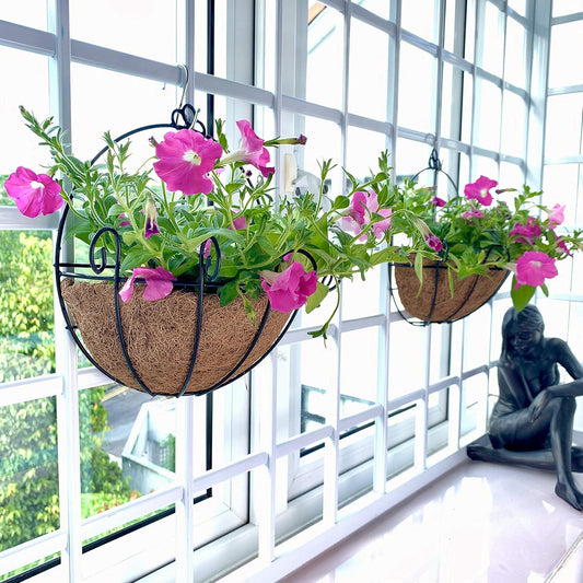 Shoplala Wall Hanging Planter for Outdoor (2 Pack, 10 Inch) Black Metal Hanging Flower Basket for Plants, Wall Planters with Coco Liner Indoor Wall Mounted Plant Holder Outside Balcony Fence Rail Deck