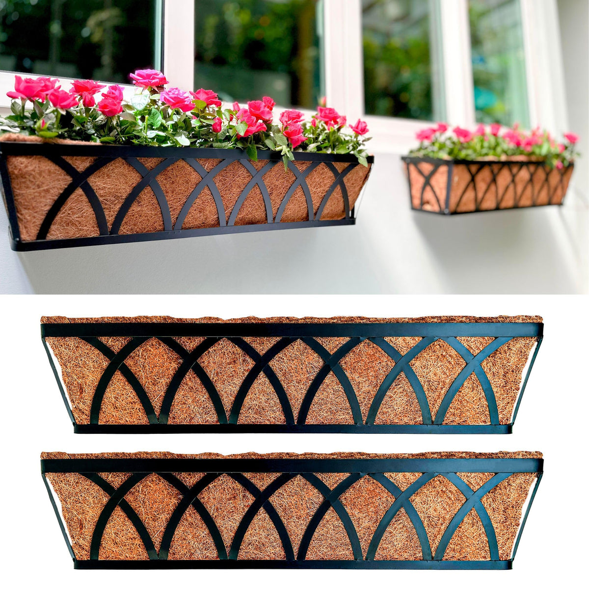 LaLaGreen Wall Planter (2 Pack, 24 Inch) Large Wall Hanging Planter Coco Liner Metal Iron Window Flower Boxes Outdoor Basket Box Attach House Outside Fence Rail Railing Plant Holder Deck Porch Balcony