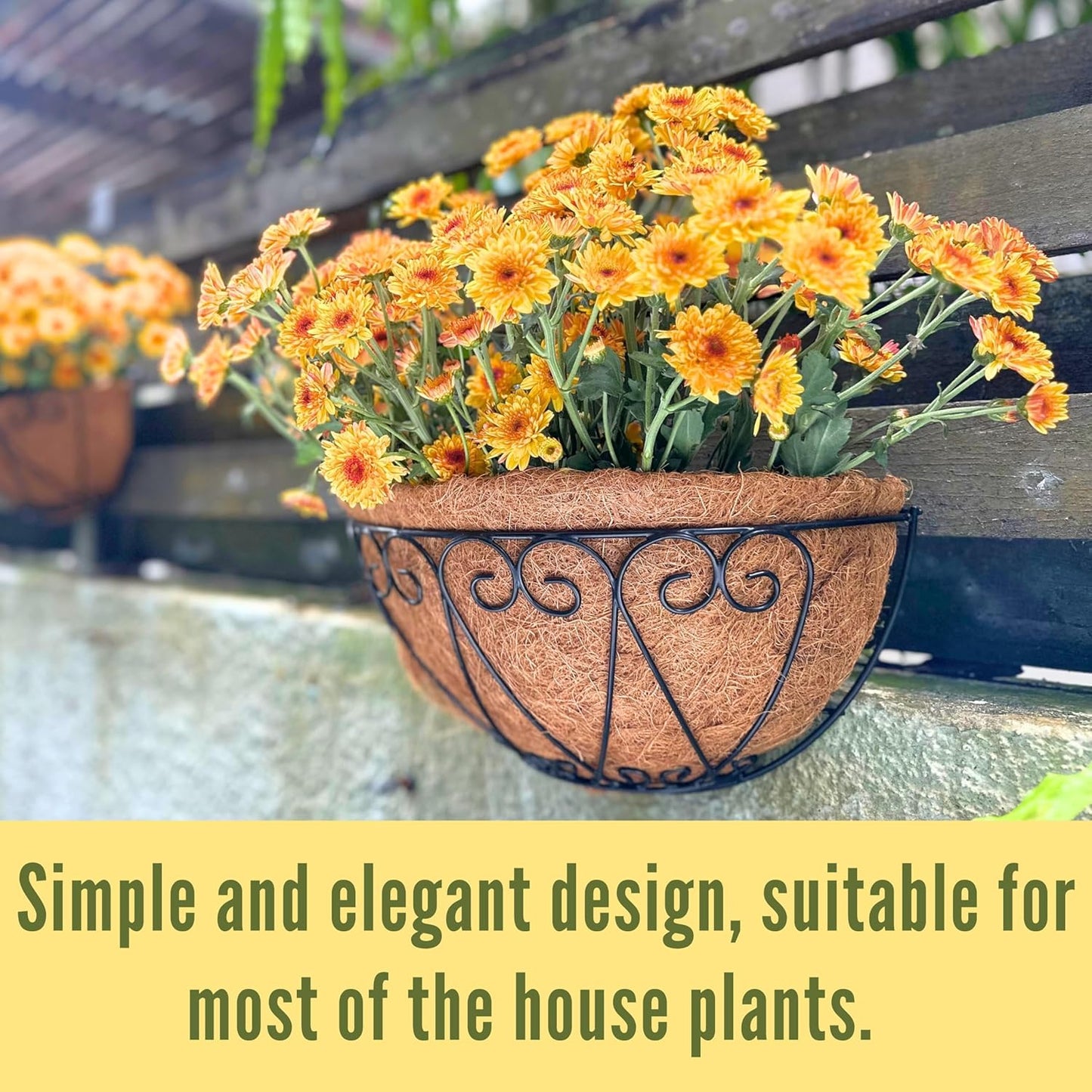 LaLaGreen Outdoor Wall Planters (2 Pack, 14 Inch) Black Metal Wall Mounted Hanging Basket with Coco Liner, Semi-Circle Flower Pot Plant Holder for Fence Railing Deck Porch Balcony French Garden Decor