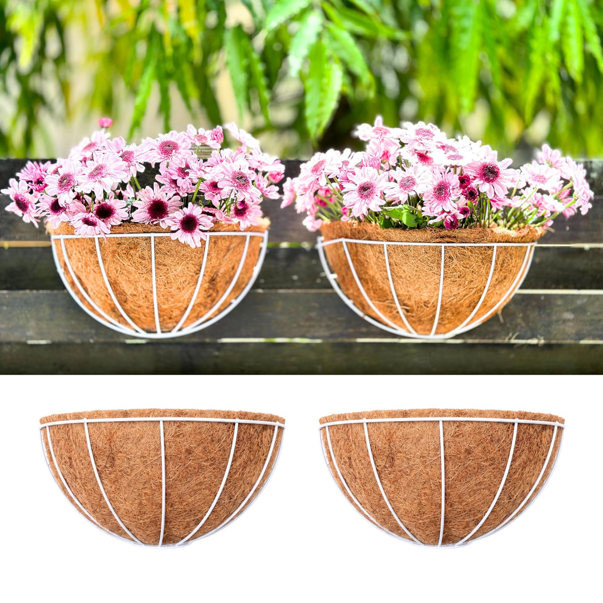 LaLaGreen Wall Hanging Planter (14 in, 2 Pack) White Coco Liner Flower Pots