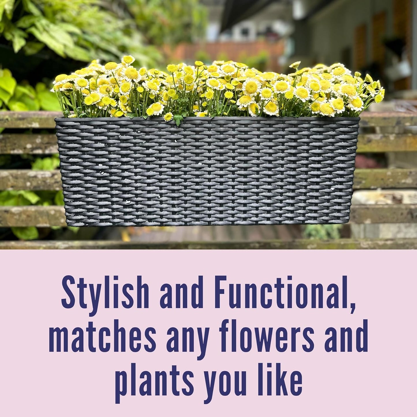 LaLaGreen Railing Planters for Balcony Garden (2 Pack, 20 Inch) Self Watering Black Balcony Flower Boxes Over The Rail with Brackets, Rectangular Hanging Deck Planters Outdoor with Rattan Pattern
