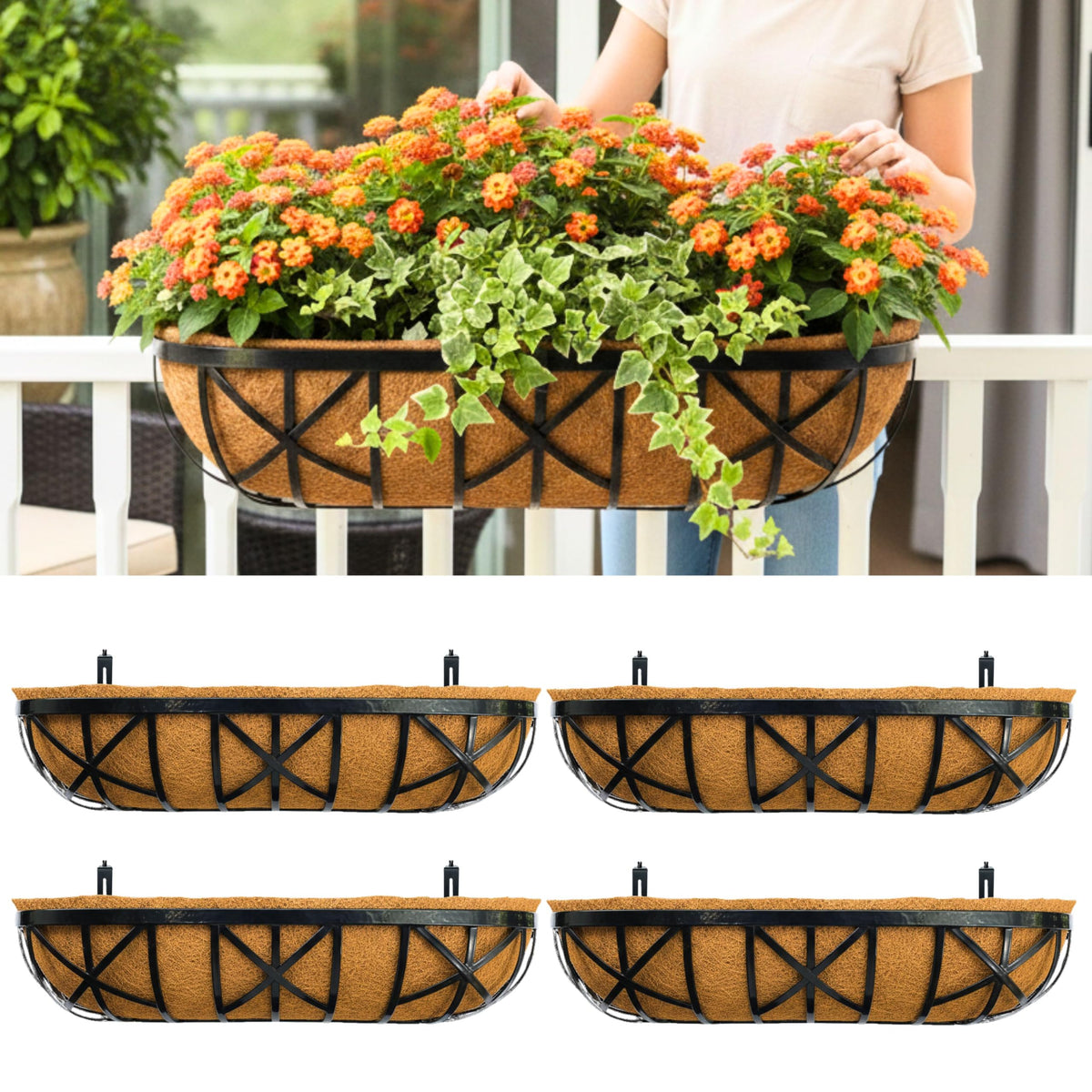 LaLaGreen 30 Inch, 4 Pack Railing Planters with Adjustable Mounting Brackets – Black Metal Window Planter Boxes for Outdoor Gardening, Wall-Mount Flower Pots, Balcony Fence Patio, Porch, Garden