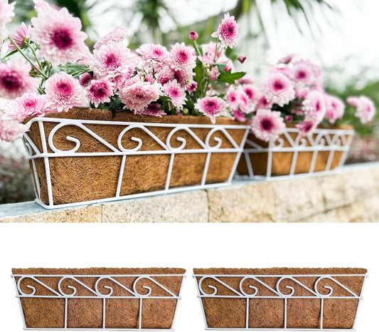 LaLaGreen Wall Mounted Planters (16 Inch, 2 Pack) Window Flower Boxes Basket Outdoor, Balcony Planter Over The Rail, Deck Railing Hanging with Coco Liners, White Metal Horse Troughs Fence Patio Porch