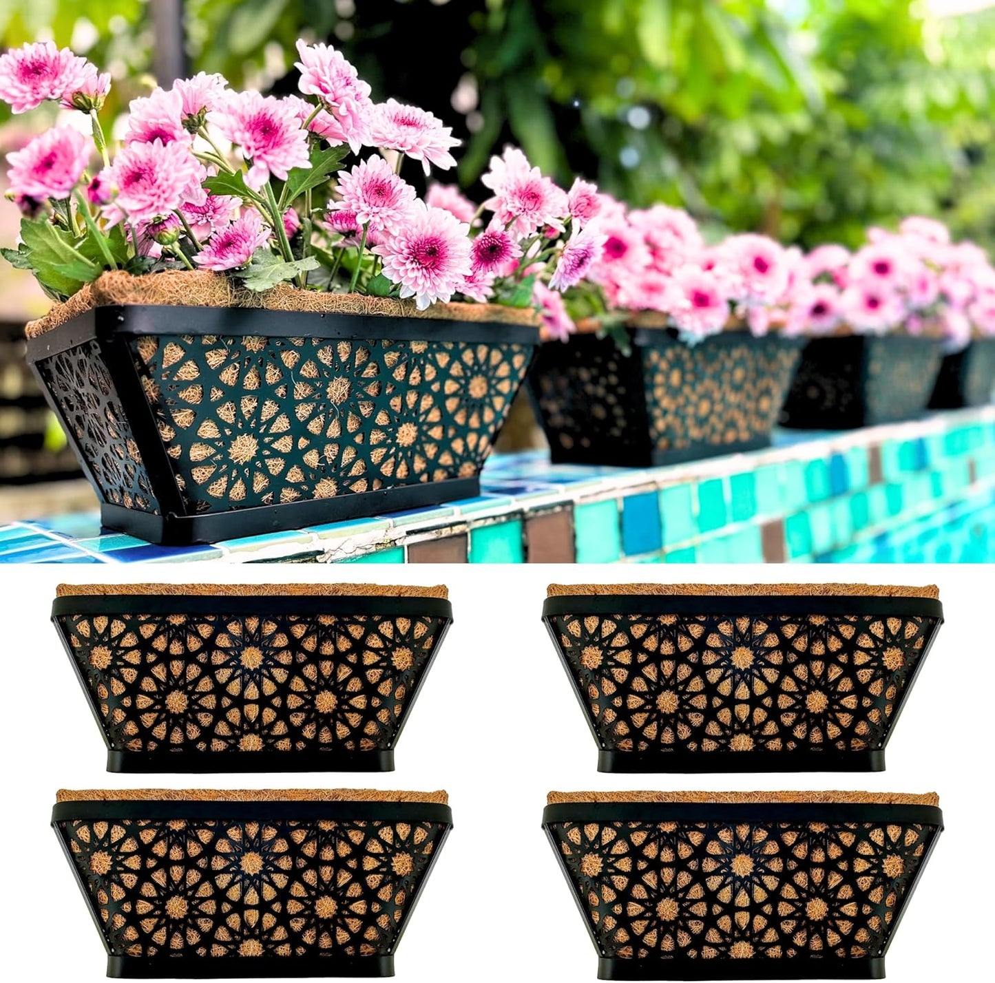 LaLaGreen Window Boxes Planters for Outdoor Plants (2 Pack, 24 Inch) Large Fence Hanging Planter Metal Deck Railing Flower Box with Coco Liner, Trendy Horse Troughs Balcony Pots Patio Porch Over Rail
