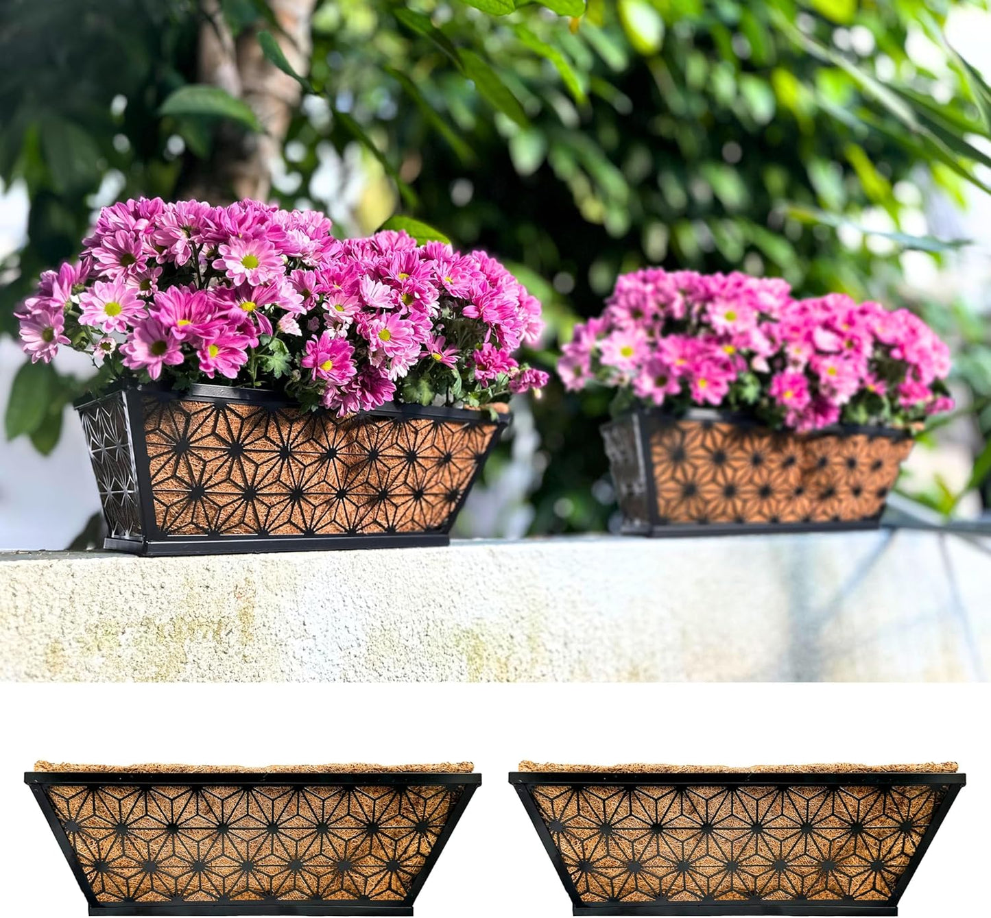 LaLaGreen Window Boxes Planter for Outdoor Plants (2 Pack, 16 Inch) Black Metal Basket Flower Pot Rectangular Wall Planters with Coco Liner, Horse Trough Deck Railing Balcony Modern Garden Fence Patio