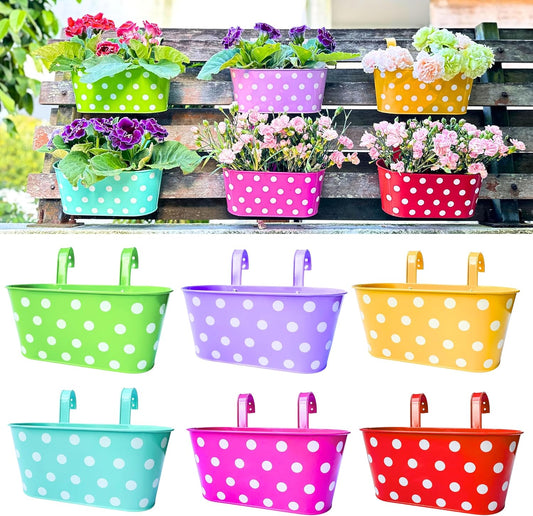 LaLaGreen Outdoor Hanging Planter (11.2 Inch, 6 Pack) Light Purple, Green, Yellow, Cadet Blue, Dark Pink, Red Metal Iron Colorful Window Boxes Polka Dot Flower Pot Deck Railings Fence Rail Porch Decor