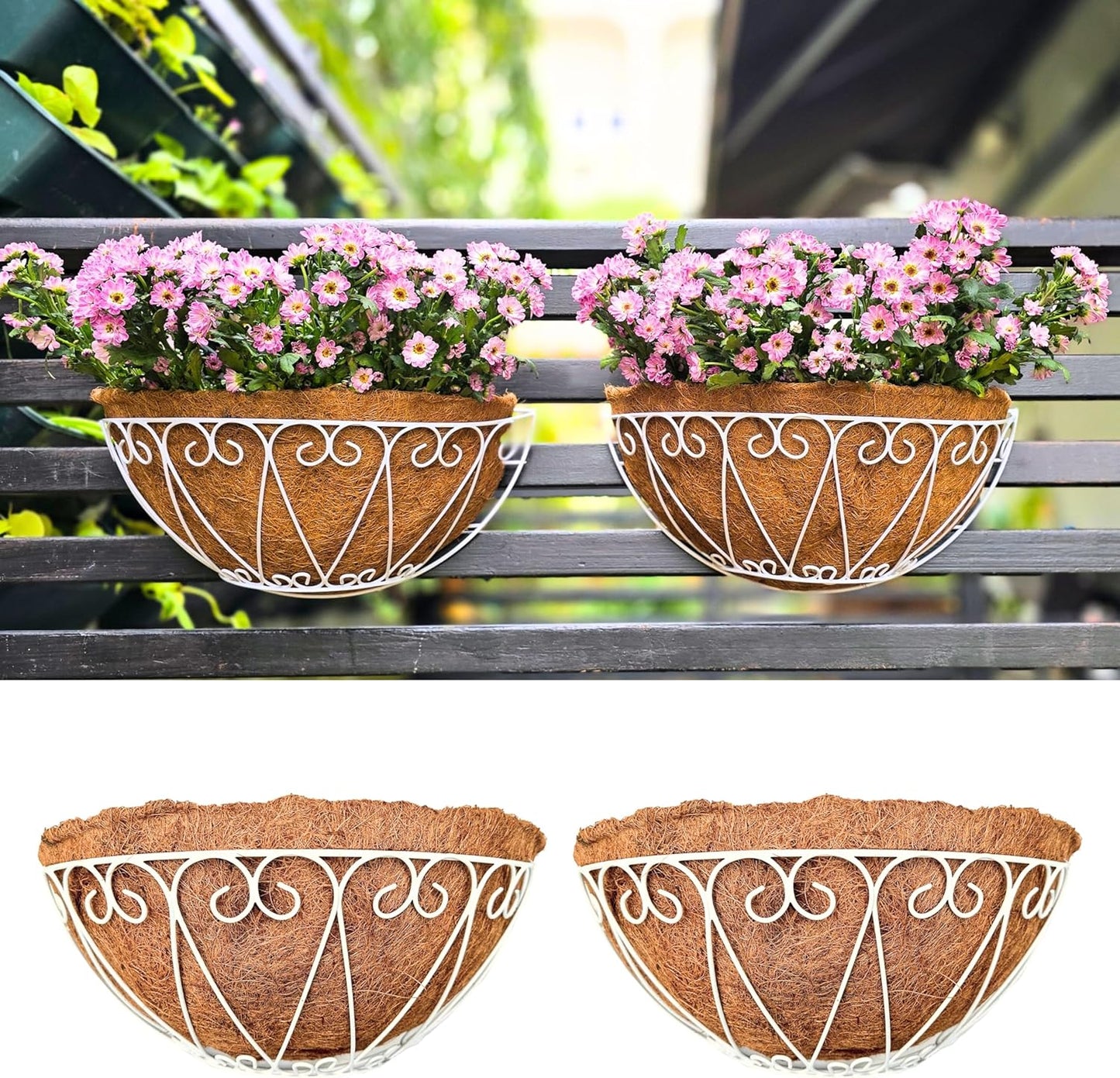 LaLaGreen Outdoor Wall Planters (2 Pack, 16 Inch) White Metal Wall Mounted Hanging Basket with Coco Liner, Large Flower Pot Plant Holder Planter for Fence Railing Deck Porch Balcony Modern Home Decor