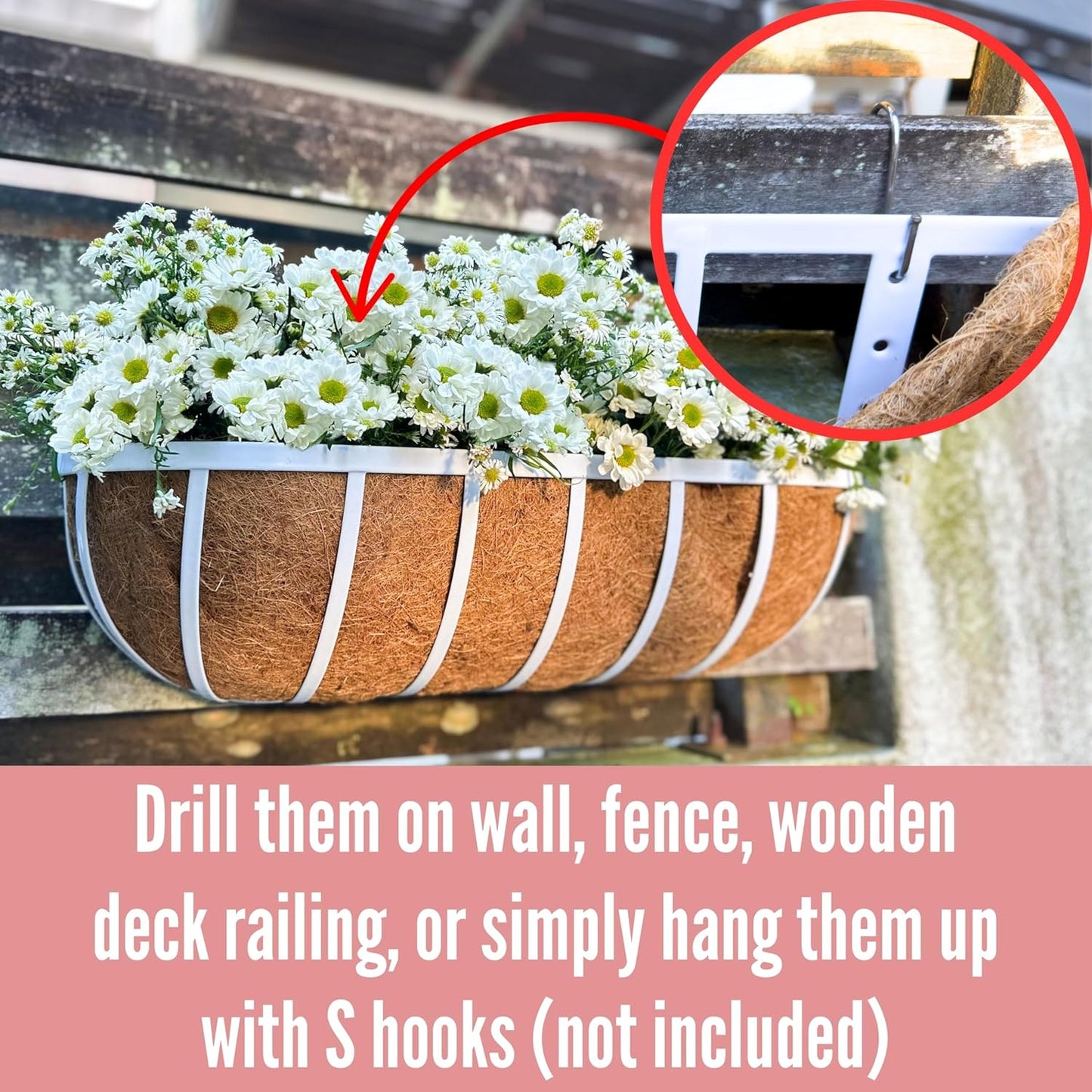 LaLaGreen Outoor Planter Boxes (36 Inch, 2 Pack) White Metal Deck Railings Flower Box with Coco Liners, Rectangular Wall Planters for Window Plants Horse Troughs Fence Balcony Modern Herb Patio Porch