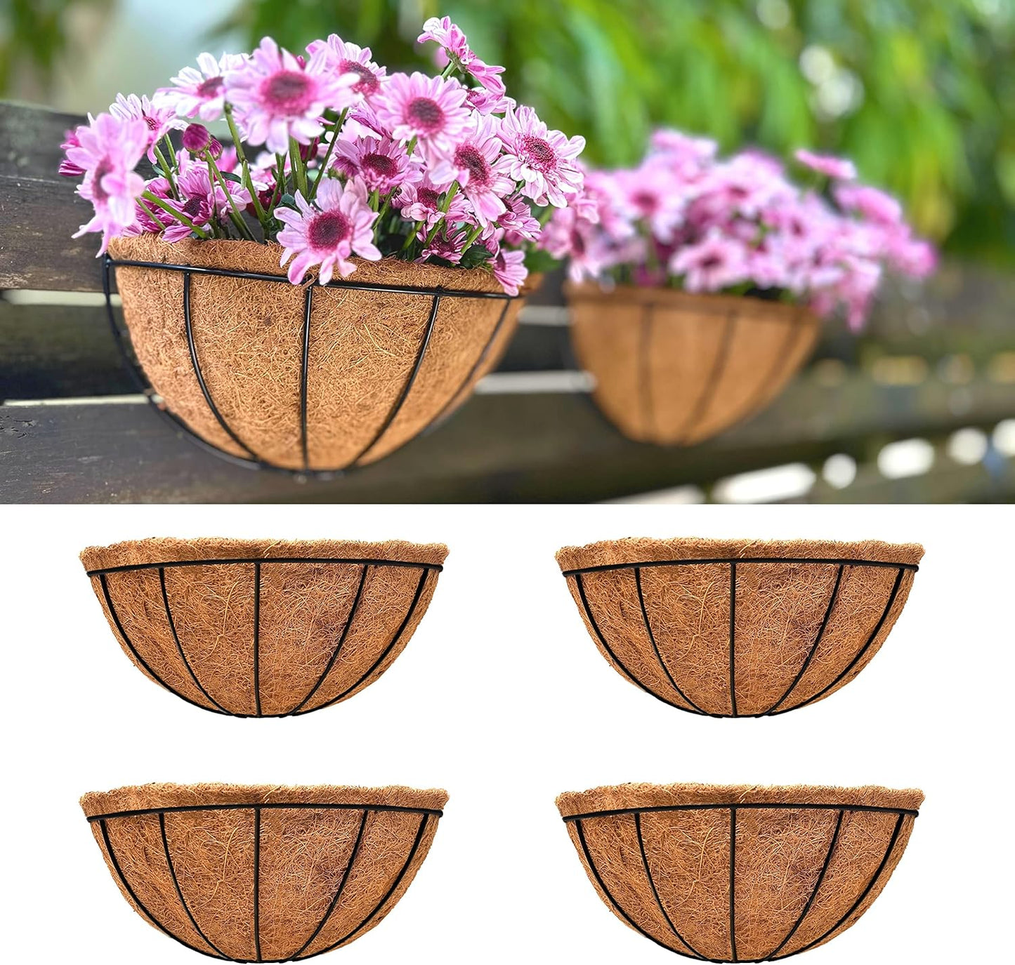 LaLaGreen Wall Hanging Planters for Plants (6 Pack, 12 Inch) Wall Mounted Flower Baskets with Coco Liner, Black Metal Iron Wire Plant Holder for Outdoor Fence Railing Outside Deck Porch Balcony Garden