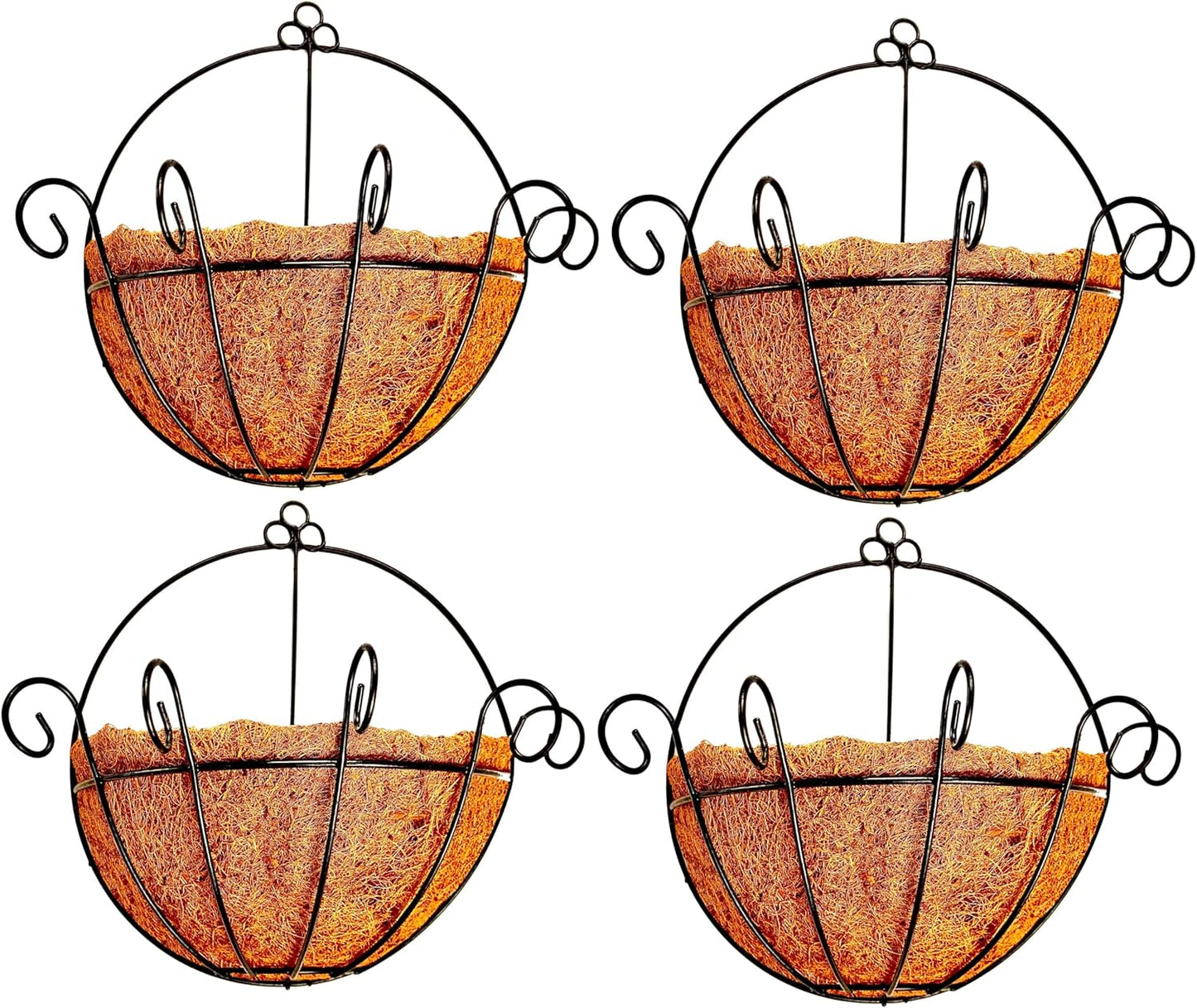 Shoplala Wall Planters for Outdoor Plants (4 Pack, 10 Inch) Metal Black Wire Flower Baskets with Coco Liner, Fence Hanging Planter Balcony Over Deck Porch Railing Rail Patio Modern Herb Outside Garden