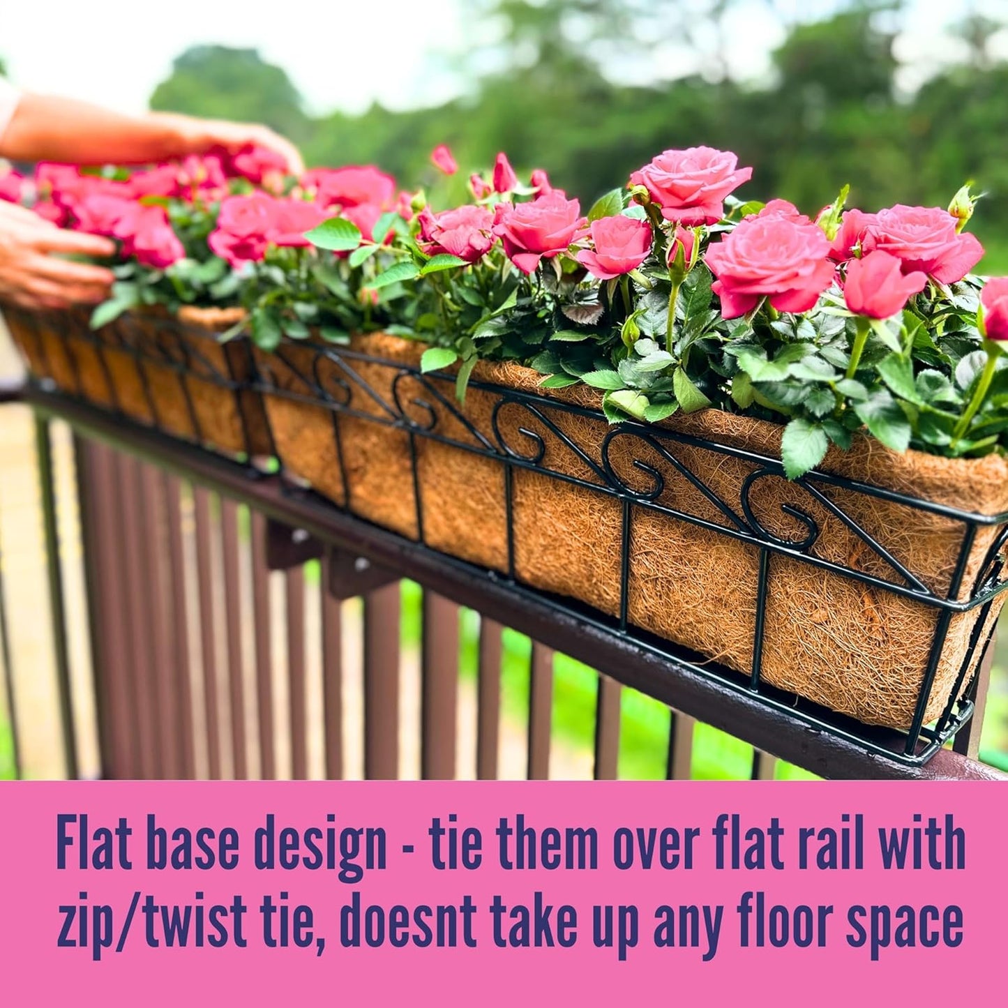 LaLaGreen Large Window Flower Boxes - 2 Pack, 24 Inch Balcony Planter, Deck Railing Planters with Coco Liners Outdoor Wall Pot Plant Holder, Black Metal Horse Trough Fence Patio Porch Over Rail Decor