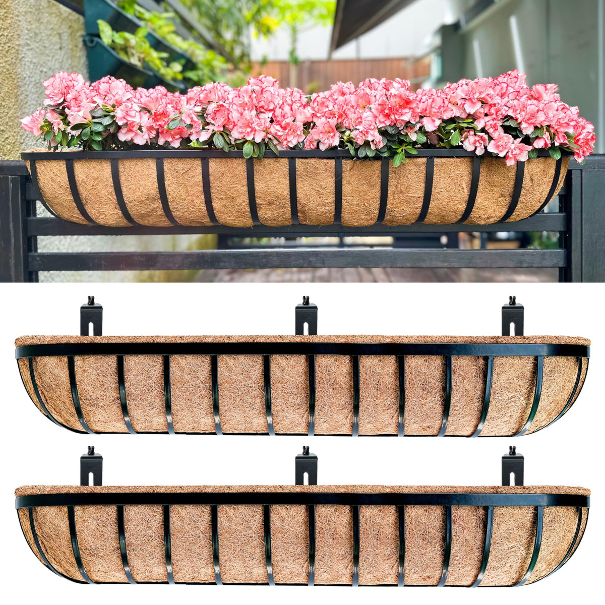 LaLaGreen Deck Railing Planter Boxes (16 Inch, 2 Pack) Black Metal Rectangular Hanging Planters with Coco Liner, Adjustable Flower Planter Box Brackets for Plants Fence Balcony Patio Porch Over Rail