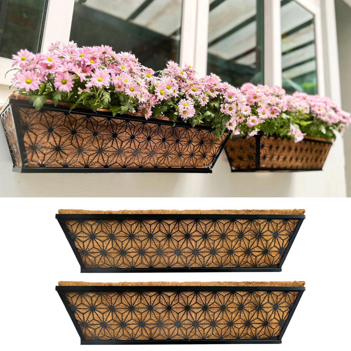 LaLaGreen Flower Wall Planter (12 in, 2 Pack) Black Fence Window Box