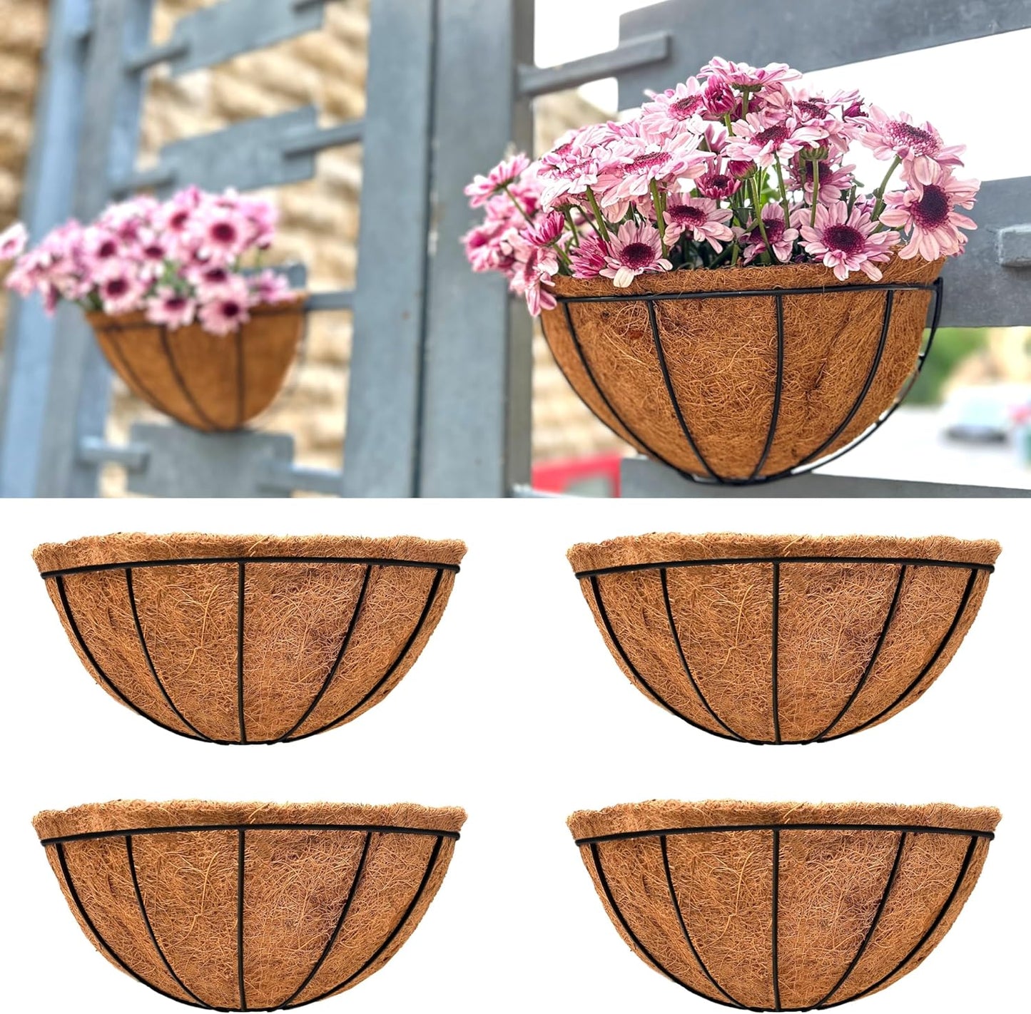 LaLaGreen Wall Planters for Outdoor Plants (2 Pack, 14 Inch) Large Hanging Planter with Coco Liner, Metal Round Wire Flower Basket Outside Fence Railing Plant Pots Holder Deck Porch Balcony Decor