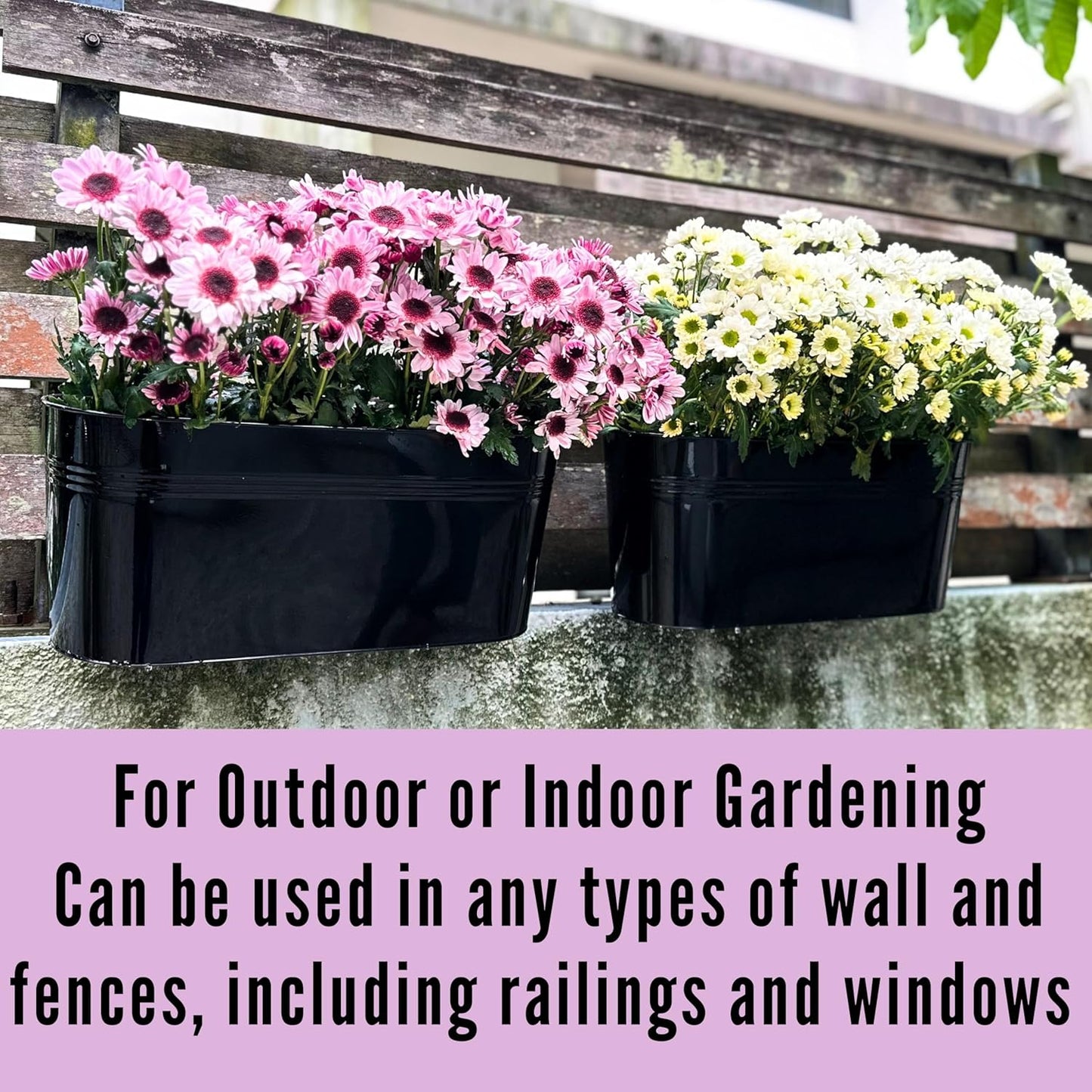 LaLaGreen Deck Railing Planter Box (17 Inch, 6 Pack) Large Black Metal Window Flower Boxes Outdoor, Hanging Planters Plant Holder Hooks Fence Rail Buckets Garden Boho Style Wall Mount Porch Herb Decor