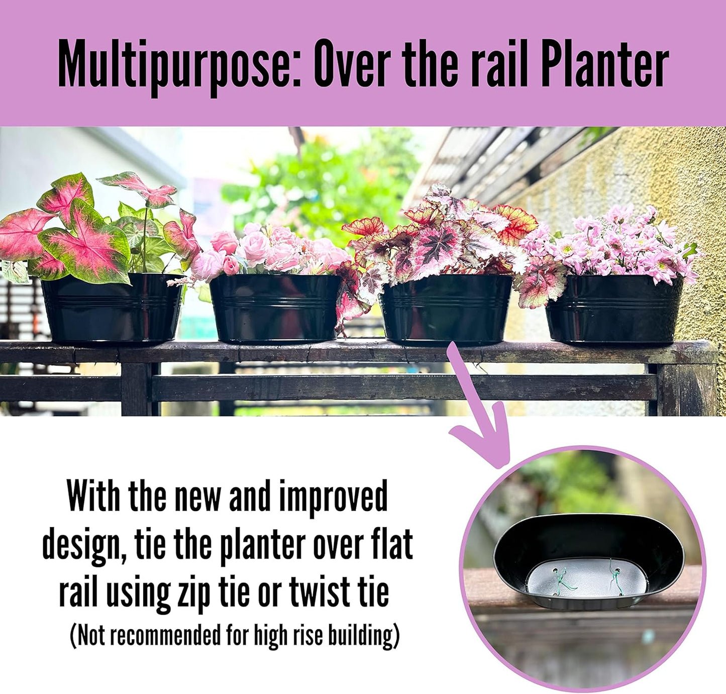 LaLaGreen Rail Planter Outdoor Plants(3 Pack, 11.8 Inch) Black Metal Iron Hanging Flower Pots Deck Railings Fence Buckets Modern Countryside Boho Style Wall Mount Window Box Plant Holder Porch Decor