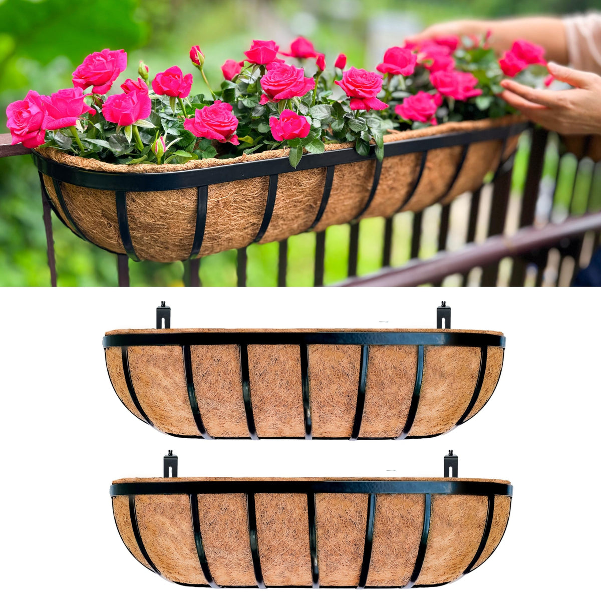 LaLaGreen Deck Railing Planter Boxes (16 Inch, 2 Pack) Black Metal Rectangular Hanging Planters with Coco Liner, Adjustable Flower Planter Box Brackets for Plants Fence Balcony Patio Porch Over Rail