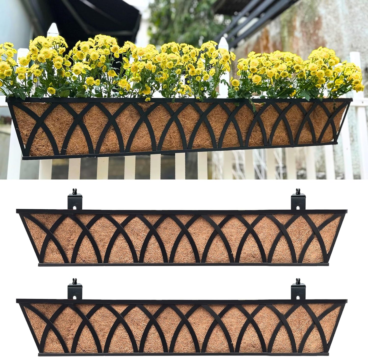 LaLaGreen Railing Planter Boxes (24 Inch, 2 Pack) Black Metal Rectangular Window Flower Box with Coco Liner, Hanging Planters for Outdoor Plants Bracket Holder Deck Rail Fence Balcony Porch Garden