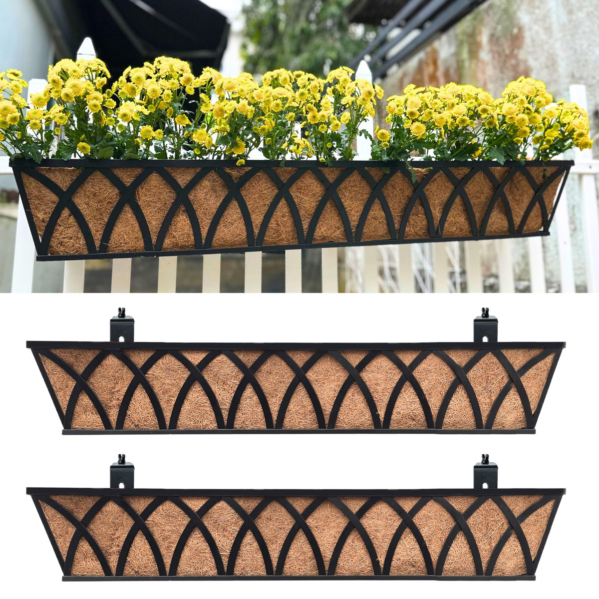 LaLaGreen Outdoor Railing Planter (24 in, 4 Pack) Black Flower Box Holder
