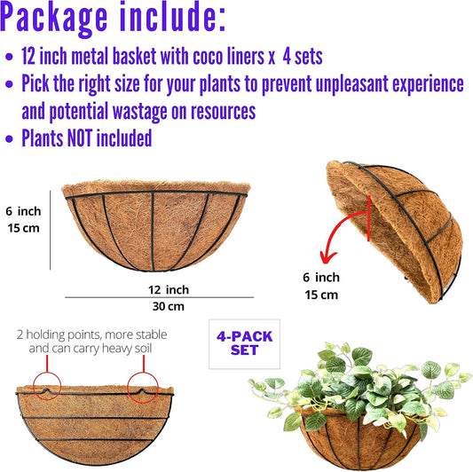LaLaGreen Wall Planters for Outdoor Plants, 4 Pack, 12 Inch Half Round Plant Holder with Coco Liner, Metal Wire Flower Herb Baskets Window Boxes Outside Fence Railing Pots Deck Porch Balcony Garden