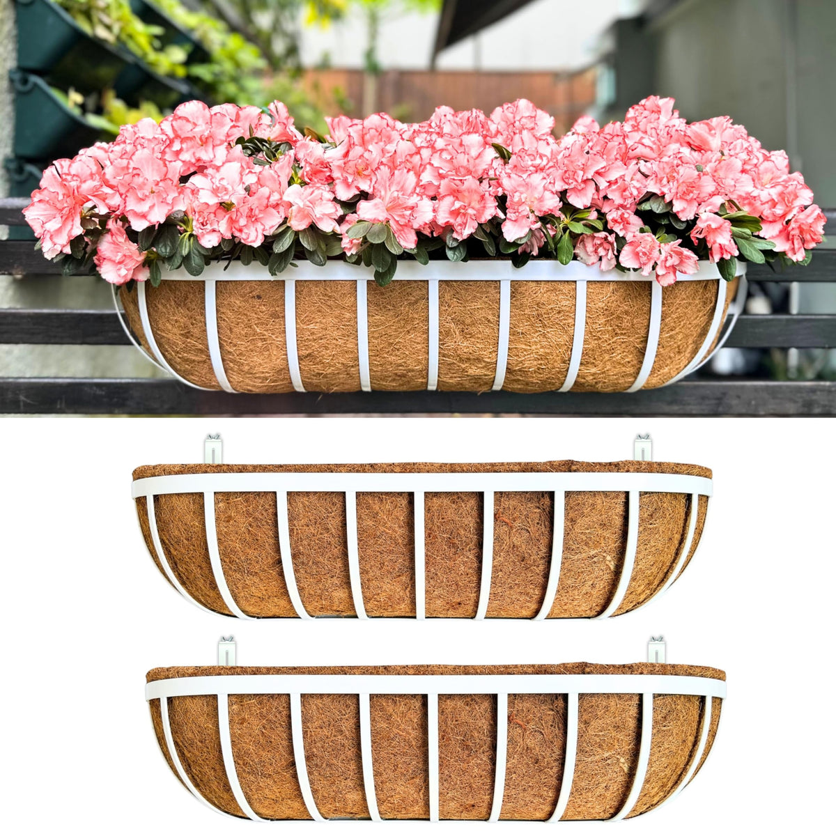 LaLaGreen Deck Railing Planters (2 Pack, 16 Inch) White Metal Rectangular Window Flower Box with Coco Liner, Wall Hanging Planter for Outdoor Plants Deck Rail Fence Balcony Patio Porch Garden Decor