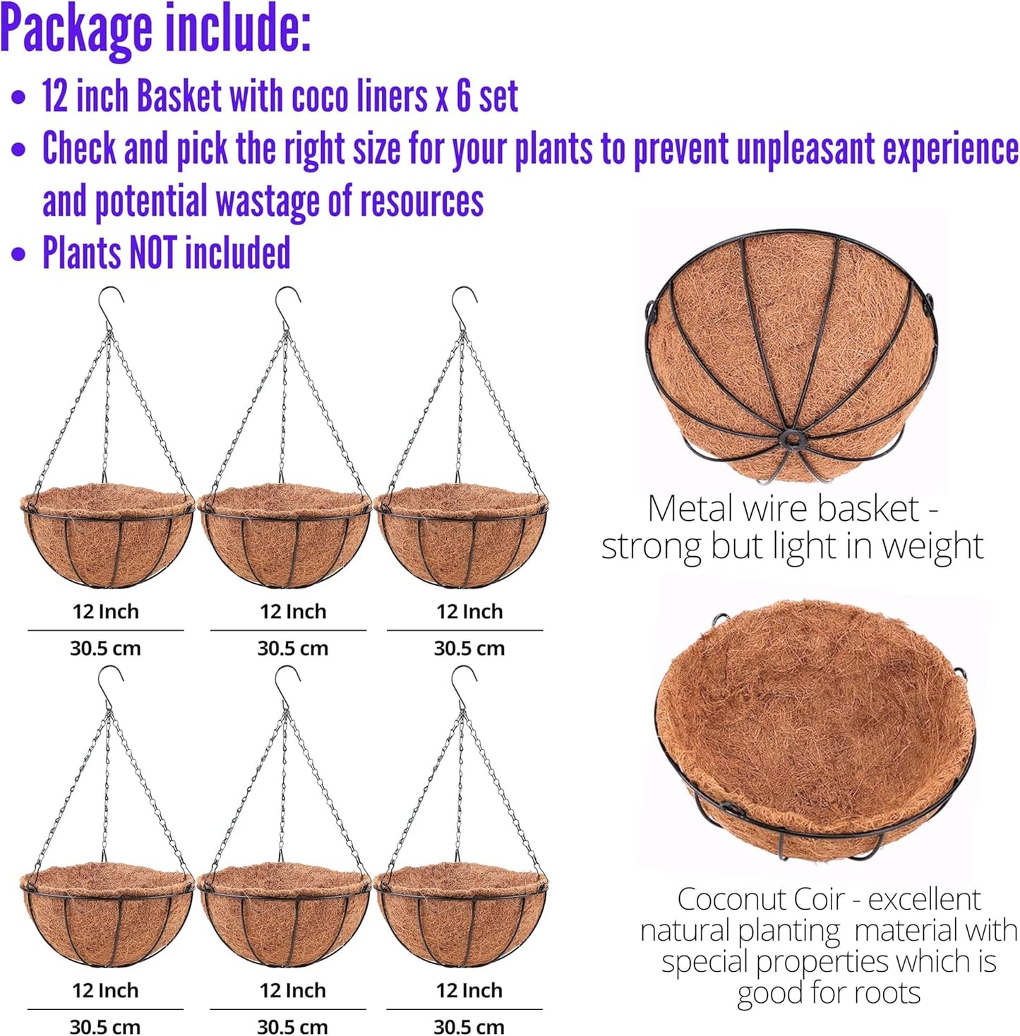 LaLaGreen Hanging Planters with Coco Liners (12 Inch, 6 Pack) Hanging Baskets for Plant Outdoor, Hanging Plant Pot Flower Metal Wire Round Holder Hanger Hook Chain Deck Porch Garden Balcony Boho Decor