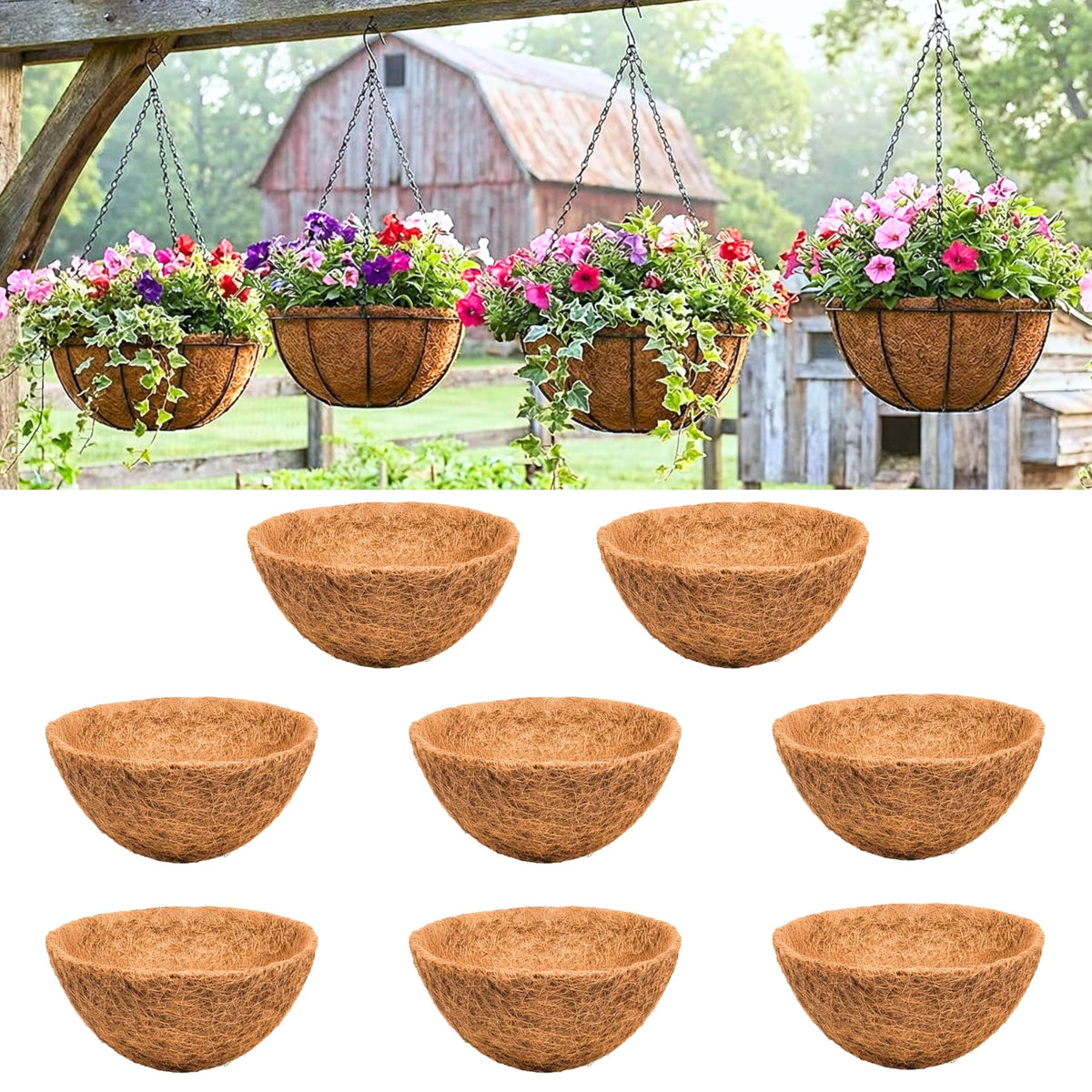LaLaGreen 14" (8 Pack, Round) Coco Liners for Hanging Basket – Medium Coconut Coir Replacement for Garden Flower Pot, Outside Planter Holder, Farmhouse– Multi Sizes 8/10/12/16/18/20 Inch & Shapes