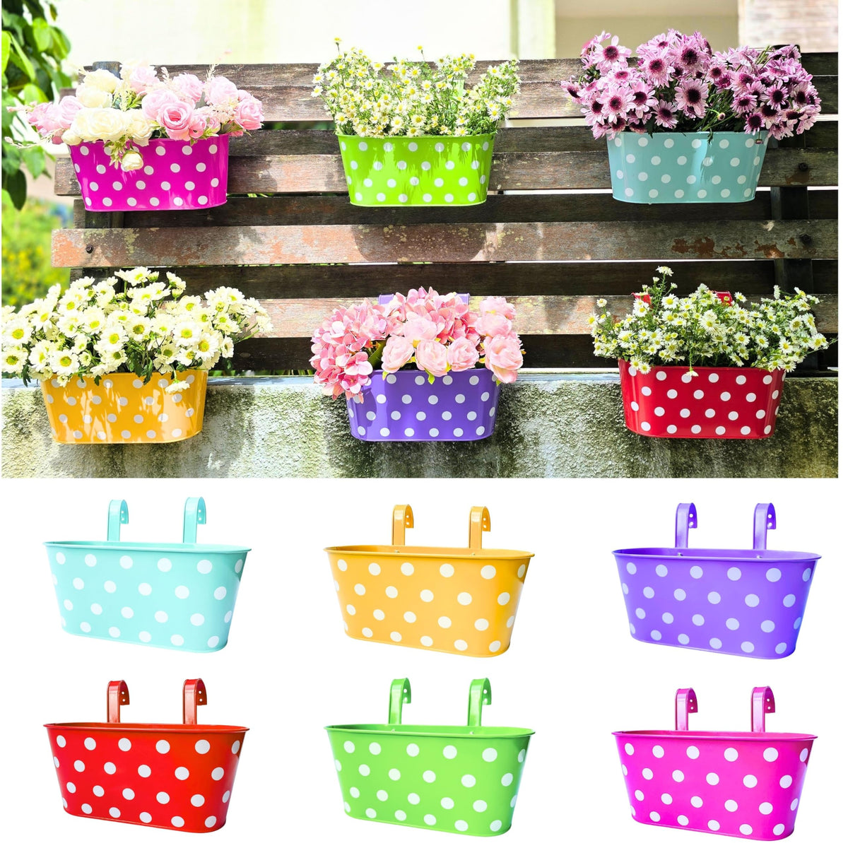 LaLaGreen Polka Dot Metal Railing Planter Boxes