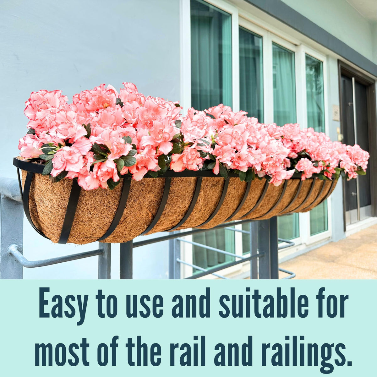 LaLaGreen Deck Railing Planter Boxes (16 Inch, 2 Pack) Black Metal Rectangular Hanging Planters with Coco Liner, Adjustable Flower Planter Box Brackets for Plants Fence Balcony Patio Porch Over Rail