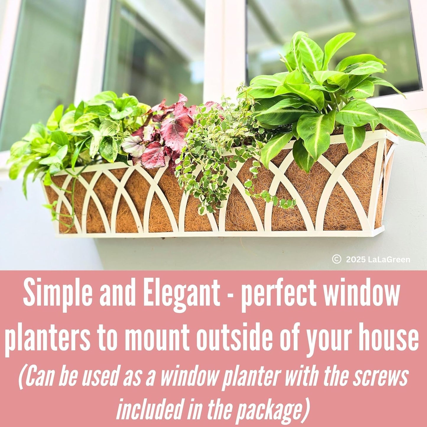 LaLaGreen Deck Railing Planter (2 Pack, 48") Extra Large Wall Mounted Hanging Planters with Coco Liner, White Metal Rectangular Window Box for Outdoor Plants Garden Fence Balcony Porch Patio Decor