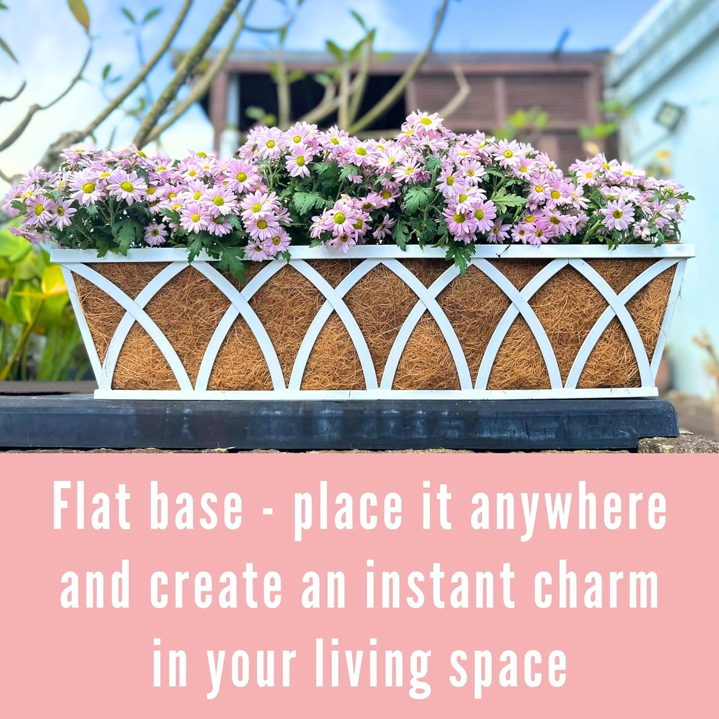 LaLaGreen Railing Planter Boxes (2 Pack, 24 Inch) White Metal Rectangular Window Flower Box with Coco Liner, Hanging Planters for Outdoor Plants Holder Deck Rail Fence Balcony Patio Porch Garden Decor