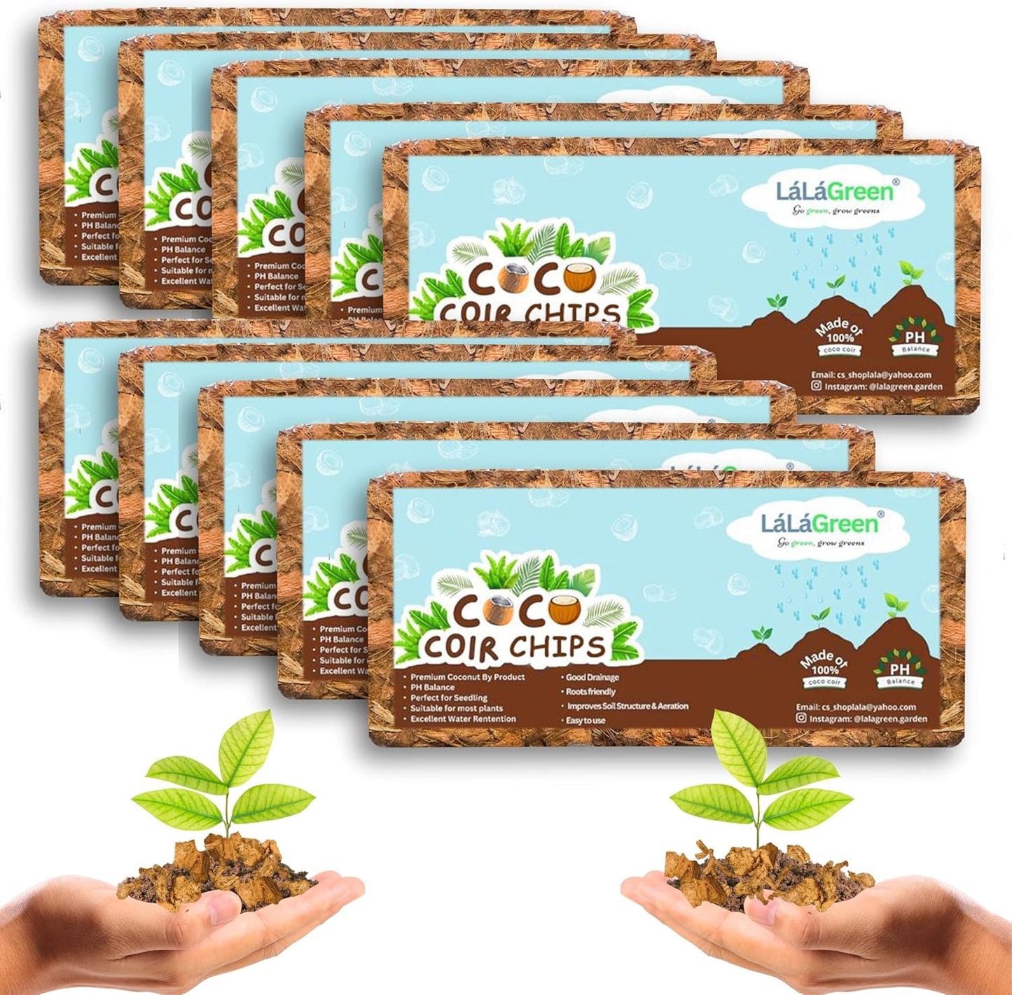 LaLaGreen Coconut Coir Chips for Plants (10 Pack, 500g) Indoor Herb Garden Seedling and Plant, Outdoor Planting Soil Vegetable Flower Orchids, Organic Compressed Coco Fiber Husk Chips Brick Peat Moss