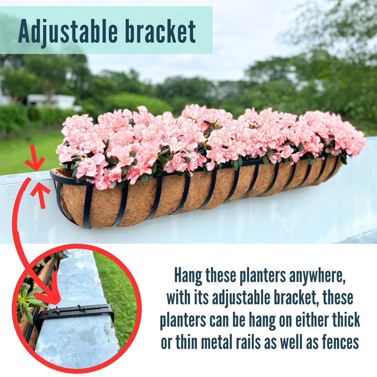 LaLaGreen Deck Railing Planter Boxes (16 Inch, 2 Pack) Black Metal Rectangular Hanging Planters with Coco Liner, Adjustable Flower Planter Box Brackets for Plants Fence Balcony Patio Porch Over Rail