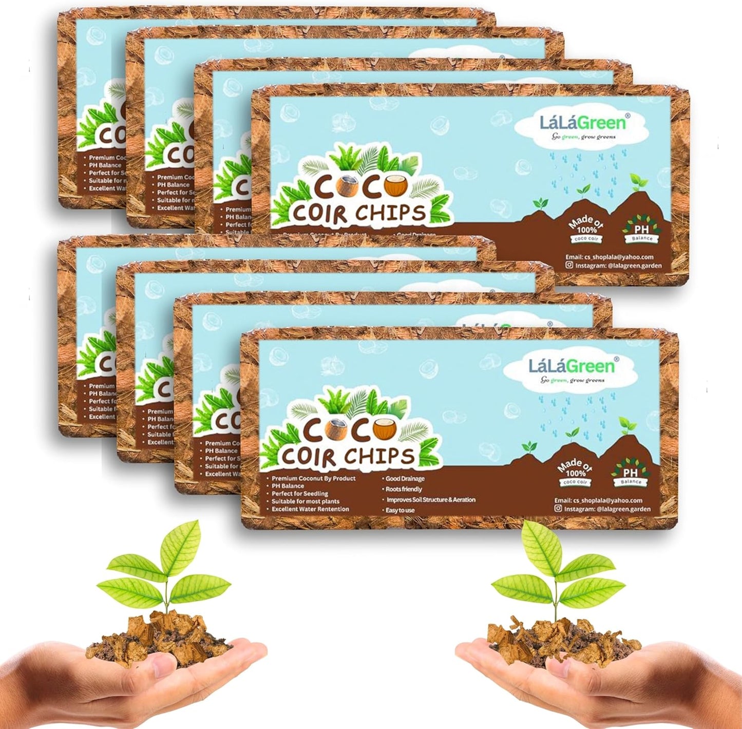 LaLaGreen Coconut Coir Chips for Plants (10 Pack, 500g) Indoor Herb Garden Seedling and Plant, Outdoor Planting Soil Vegetable Flower Orchids, Organic Compressed Coco Fiber Husk Chips Brick Peat Moss