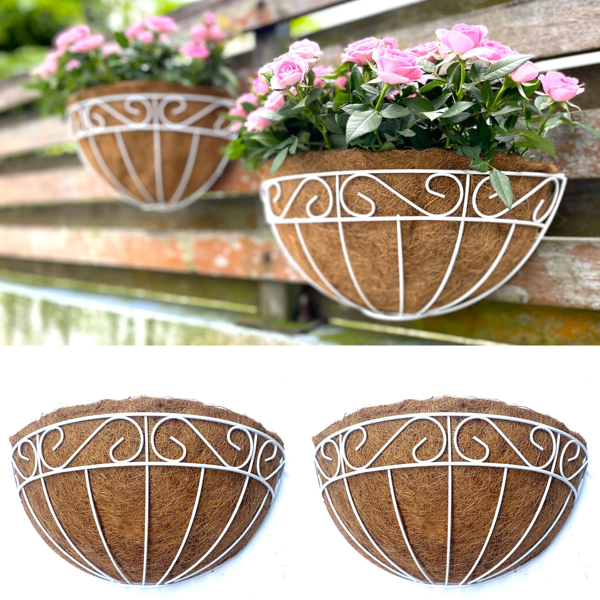 LaLaGreen Hanging Wall Planter (14 in, 2 Pack) White Coco Liner Deck Pots