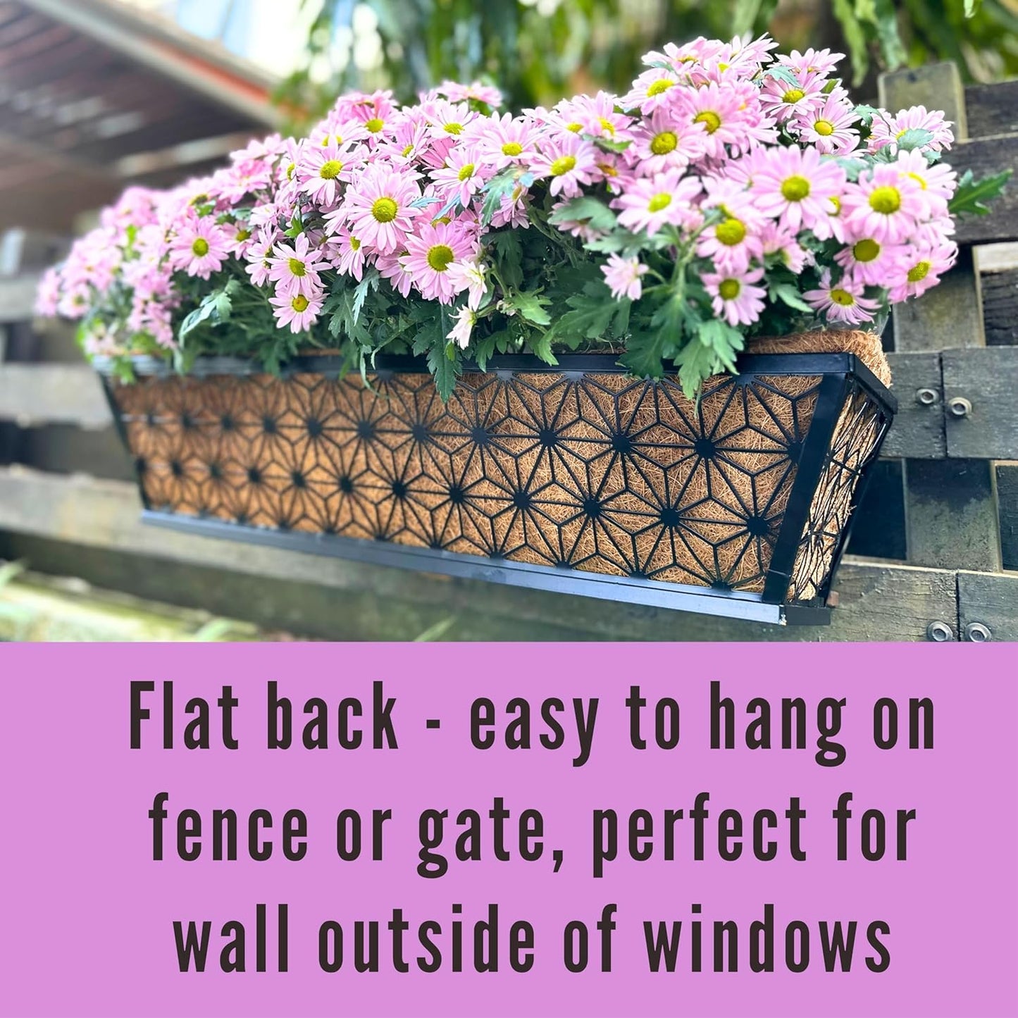 LaLaGreen Window Boxes Planter for Outdoor Plants (4 Pack, 24 Inch) Black Metal Rectangular Flower Pot Wall Planters with Coco Liner, Modern Stylish Horse Trough Railing Deck Rail Fence Balcony Patio