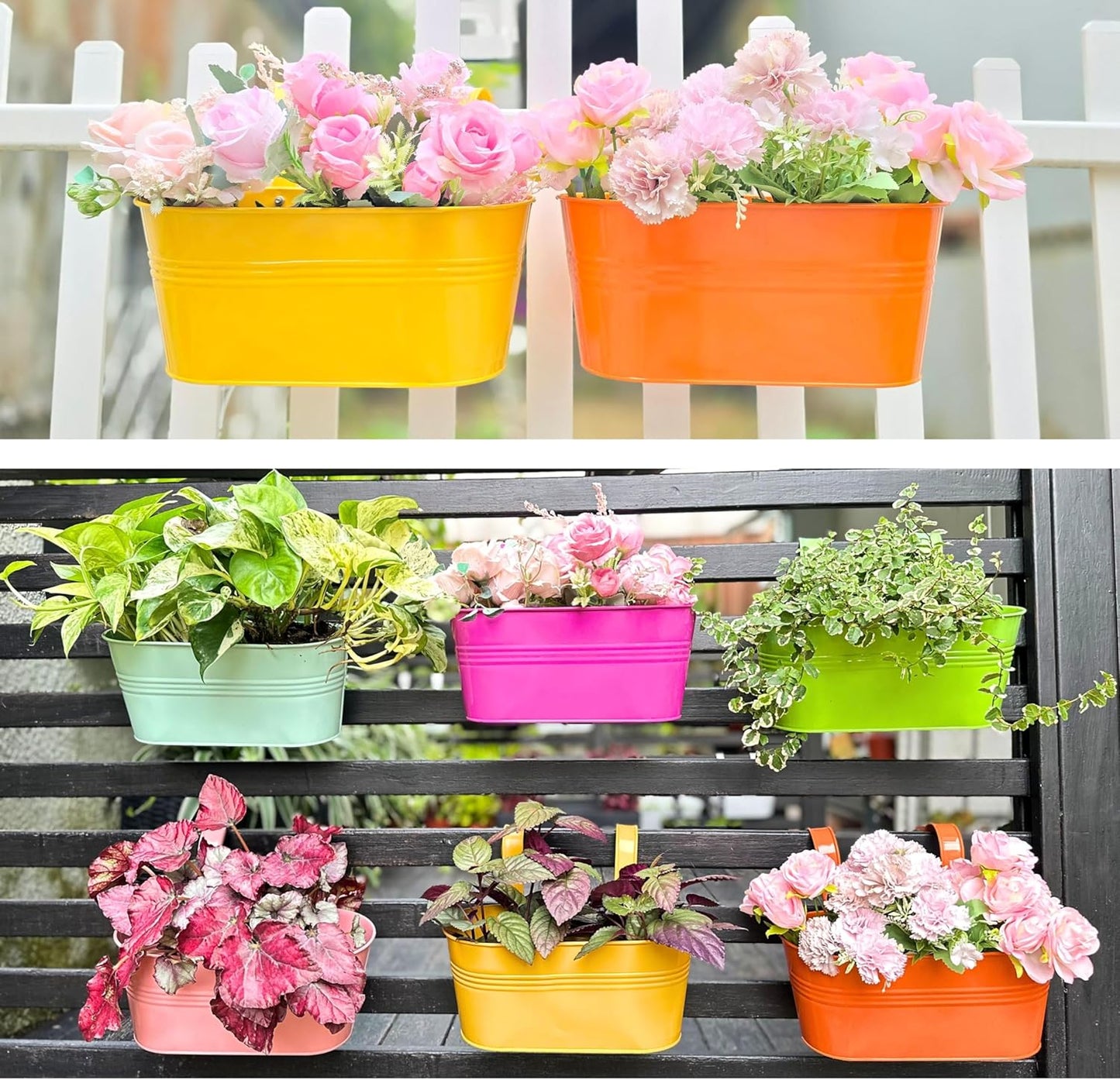 LaLaGreen Outdoor Hanging Planter (11.2 Inch, 6 Pack) Light Blue, Green, Neon Pink, Yellow, Orange, Peachy Pink Metal Iron Window Box Flower Pot Deck Railings Fence Rail Bucket Porch Home Garden Decor